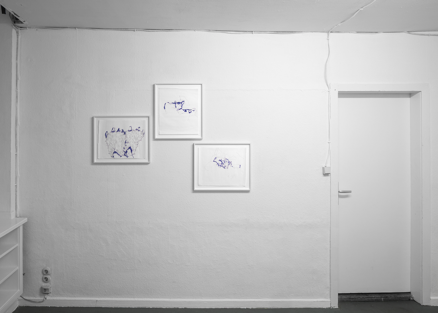 Keren Cytter, Slippers, 2020, Blue pen on paper, 35 x 43 cm; Prickly Position 2, 2020, Blue pen on paper, 43 x 35 cm; Prickly Position 1, 2020, Blue pen on paper, 35 x 43 cm (from left to right)  © the artist and Nagel Draxler photo: Julia Woll