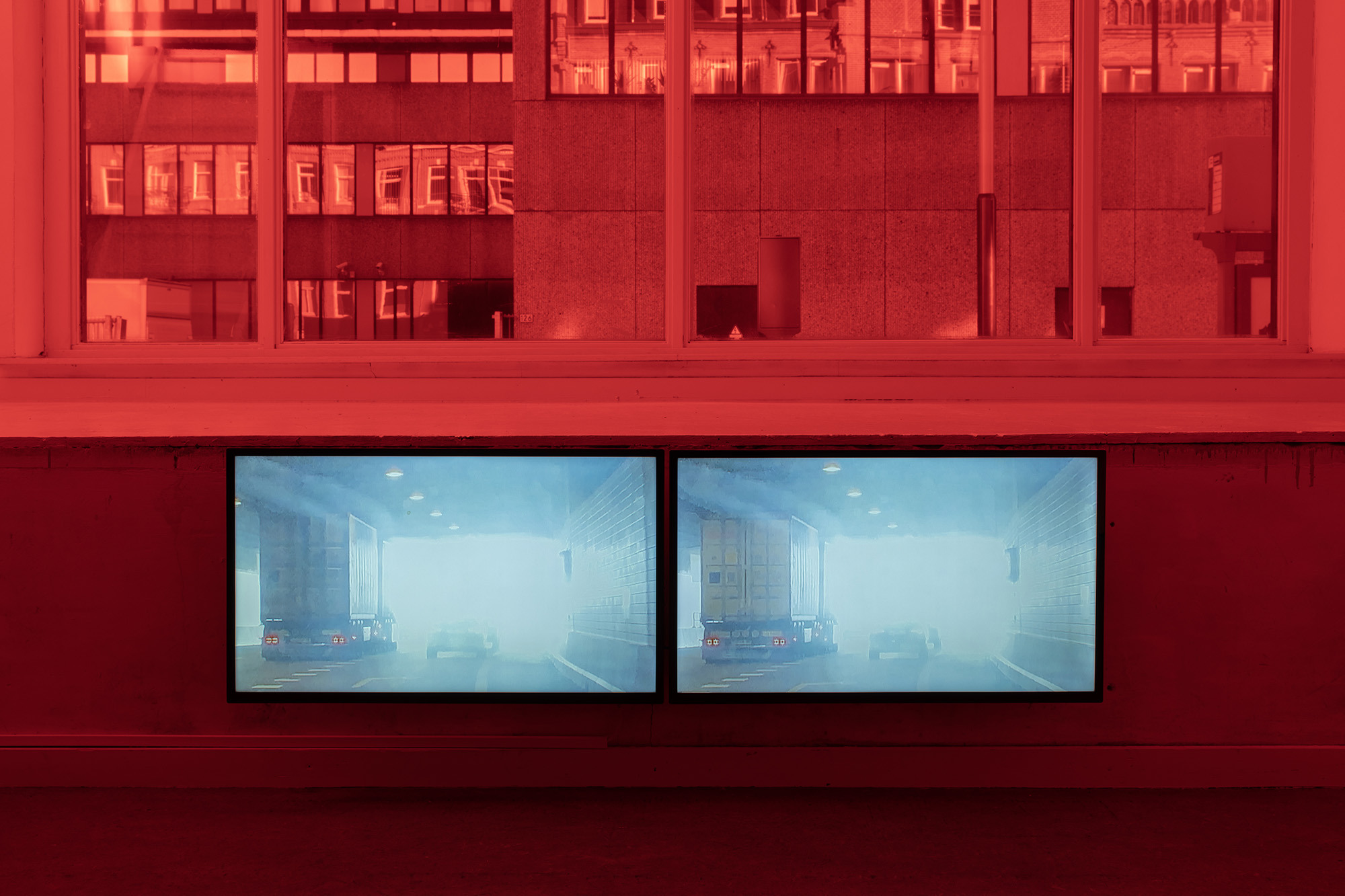 'Ferryman' - Two channel video on displays 5'08, 160 x 15 x 65 cm, 2022