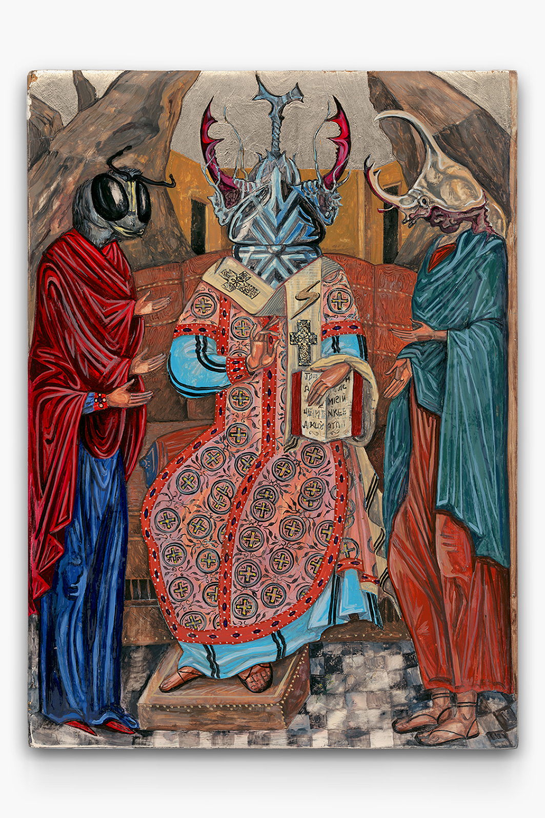 12 Anton Stoianov, pɑːrθɪnoʊˈdʒɛnɪsɪs, 2022. Platinum and gouache on wooden panel, 55x40 cm
