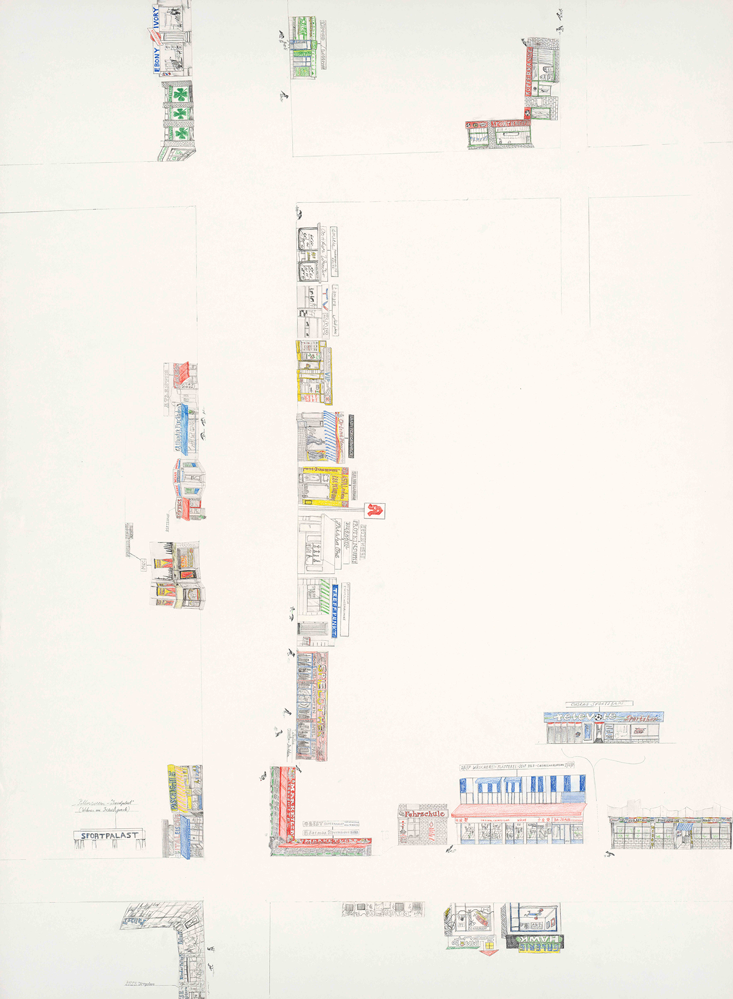 Kartographische Zeichnung 30 Teil2 (Potsdamerstr. , Winterfeldtstr./Alvenslebenstr., Pallasstr./Goebenstr,), Bleistift, Buntstift, Kleber auf Papier, 95 x 70cm