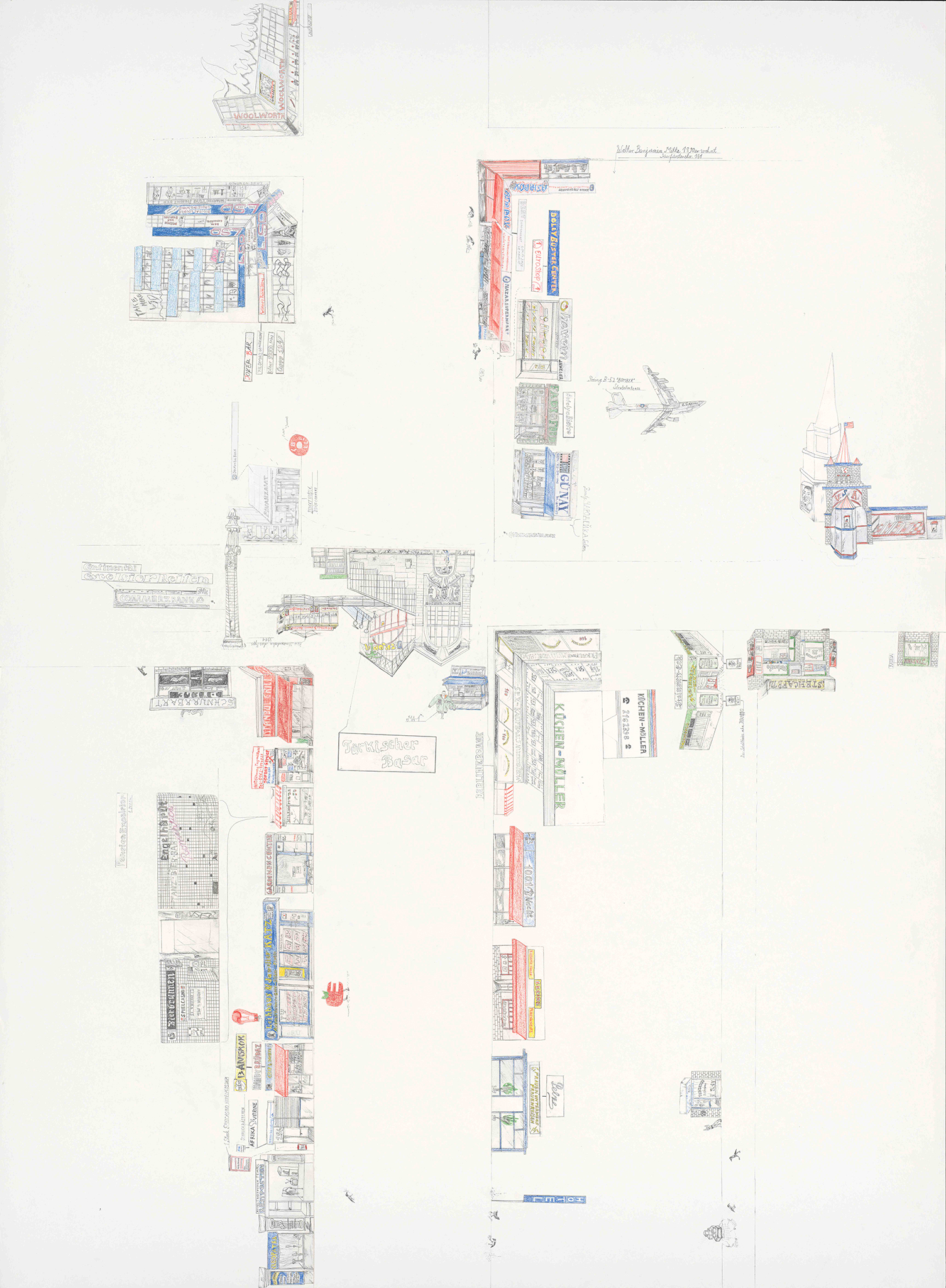 Kartographische Zeichnung 30 Teil1 (Potsdamerstr. , KurfÃ¼rstenstr., BÃ¼lowstr. , Steinmetzstr.) Bleistift, Buntstift, Kleber auf Papier, 95 x 70cm