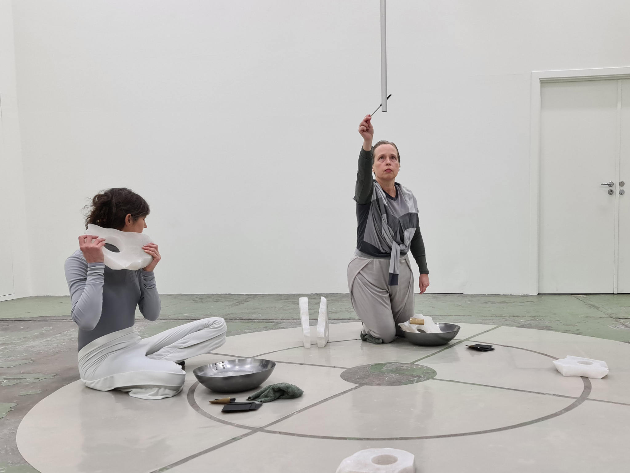 'Polish & Tone', 2023, exhibition view Bærum Kunsthall (Performers: Sibylle Eimermacher, Kirsten Moe; Fashion design: Mirte Engelhard; Photo: Lilja Sighvatsdottir)