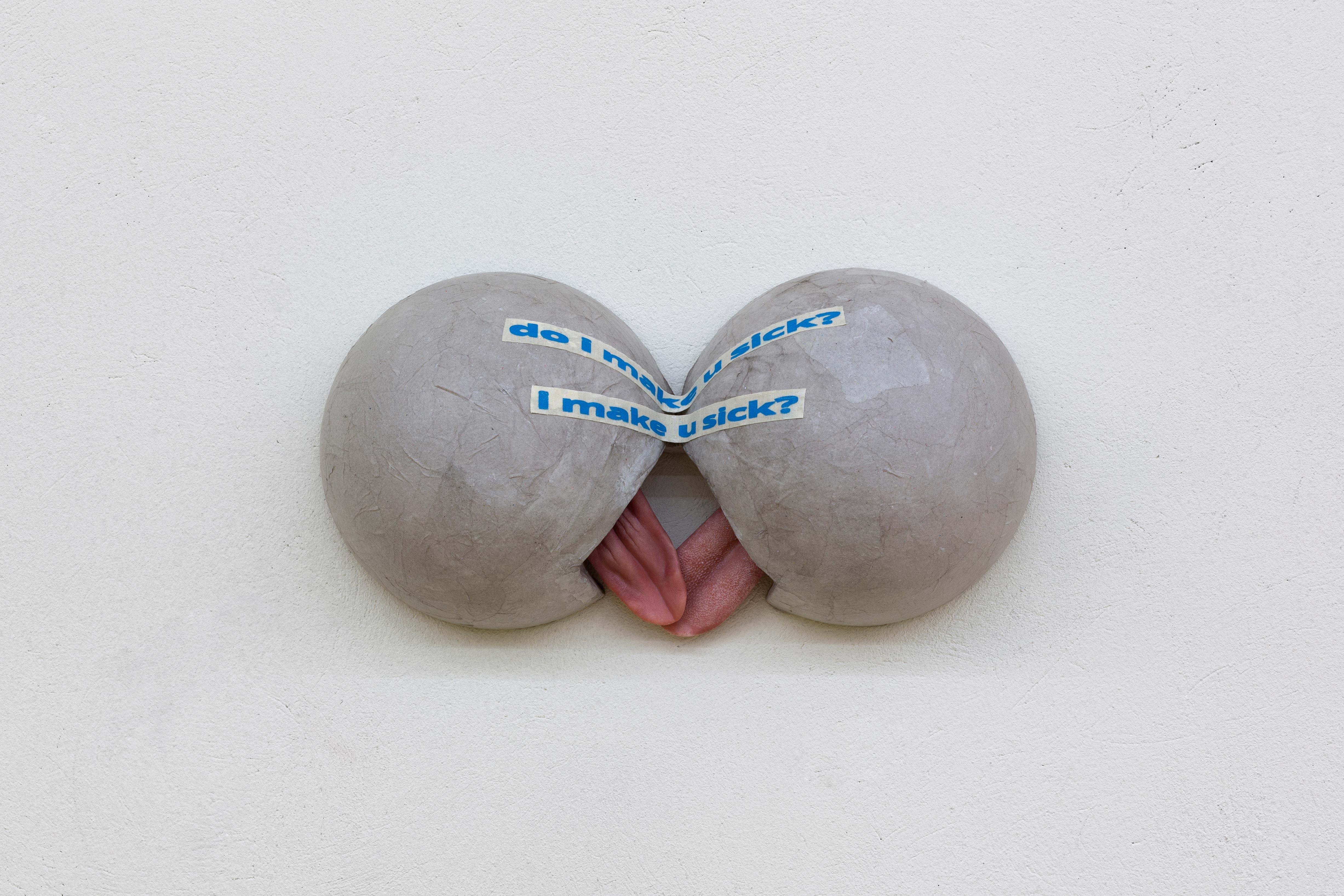 doImakeusick? Imakeusick? styrofoam, paper-maché, silkscreen on canvas, taxidermy tongues, 37 x 20 x 10 cm, 2022