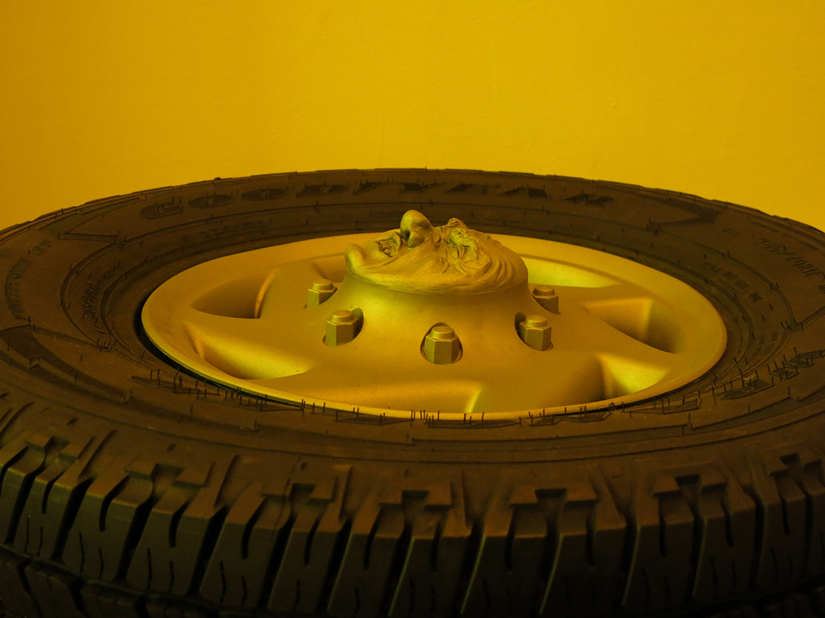 The Four Horsemen (Angry) detail 1, Cold - cast urethane, modified Goodyear Tire, cast and pigmented RTV rubber, motorized turntable, 2021 - 2022