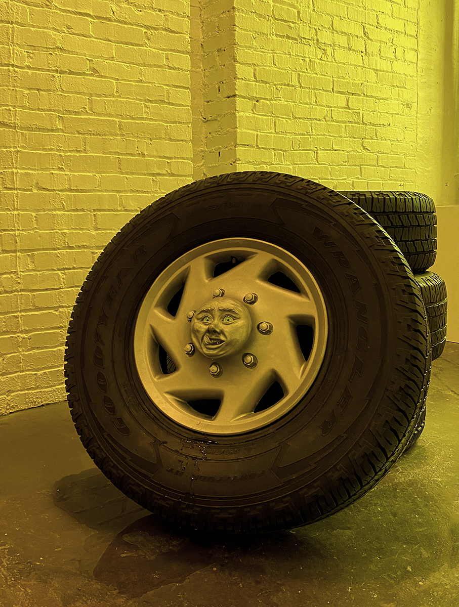 The Four Horsemen (Hungry), Cold-cast urethane, glass eyes, modified Goodyear tire, cast and pigmented RTV rubber, tubing for water element, 2022.