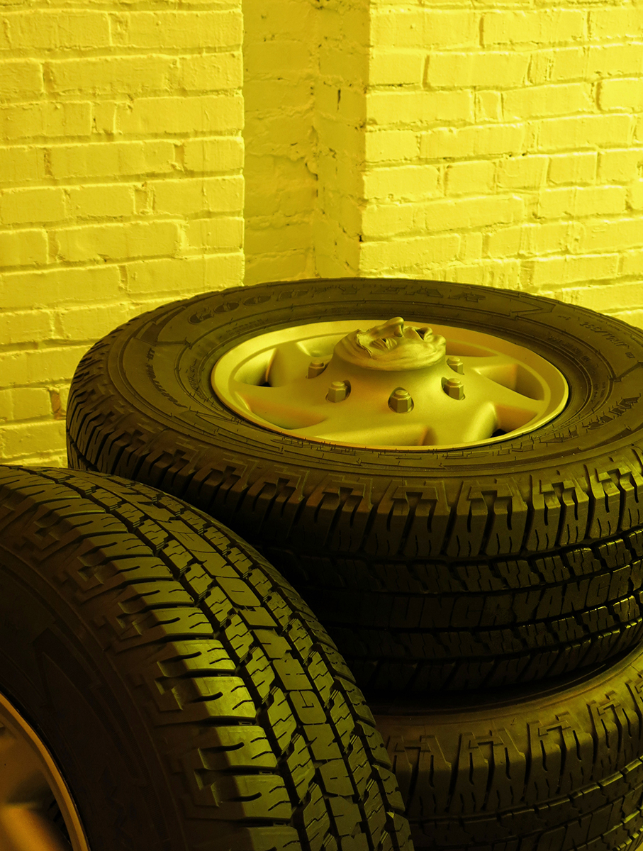The Four Horsemen (Tired), Cold-cast urethane, glass eyes, modified Goodyear tire, cast and pigmented RTV rubber, sound element, 2022.