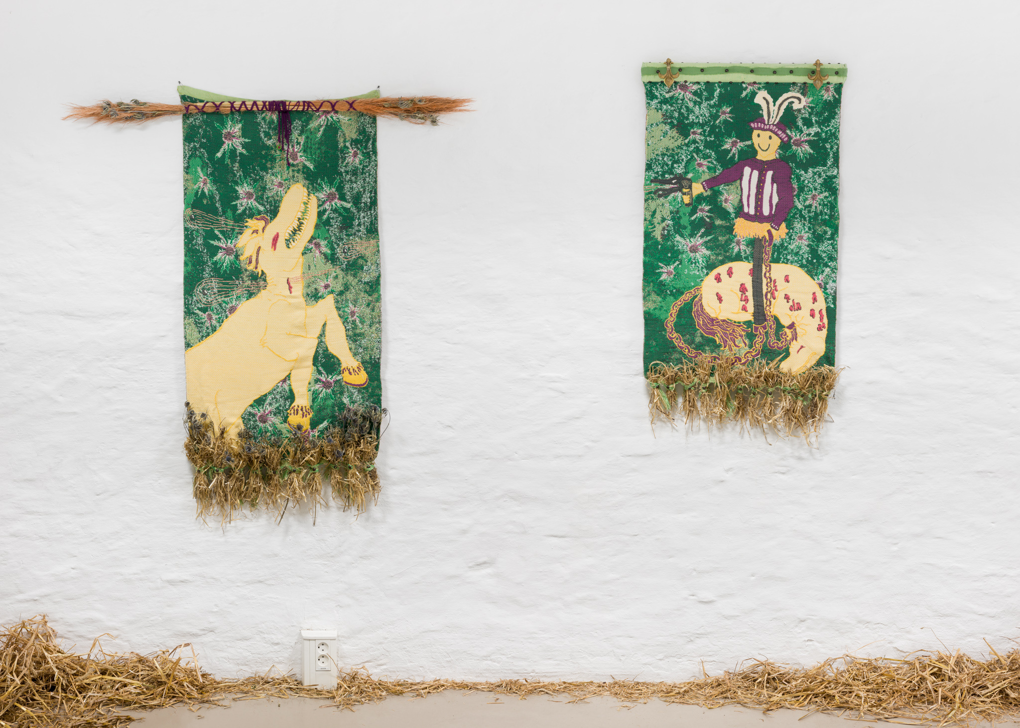 Olivia Rode Hvass, "Hand holding memories (de dÄrlige minder holder i hÄnd)", TC2-jacquard digital tapestry,  cotton, yarn, cushioning, hay and this- tles, 2022