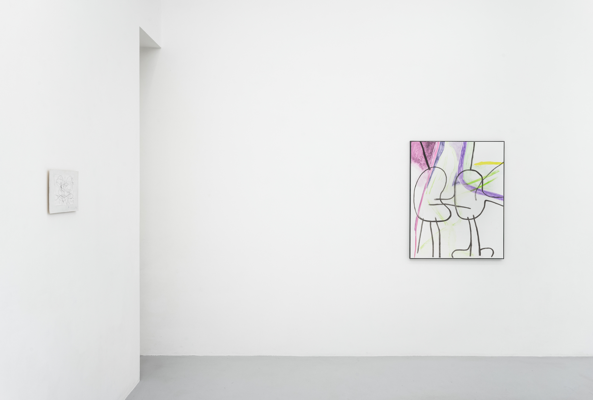 Tom Król, Kleines Haus, 2023, Acrylic, acrylic paint, oil on canvas, 100 x 80 cm; Ohne Titel (Zeichnung V), 2022, Pencil on paper, 29,5 x 21 cm