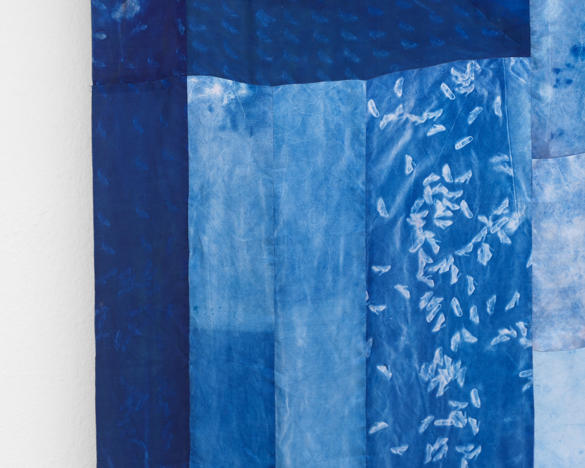 Dyveke Bredsdorff, âWomen Walking / Women Marching (Night Walkers), 2022-2023. Cyanotype on chiffon, satin and heavy weight silk, bed sheets, embroidered cotton, 205.0 x 333.0 cm