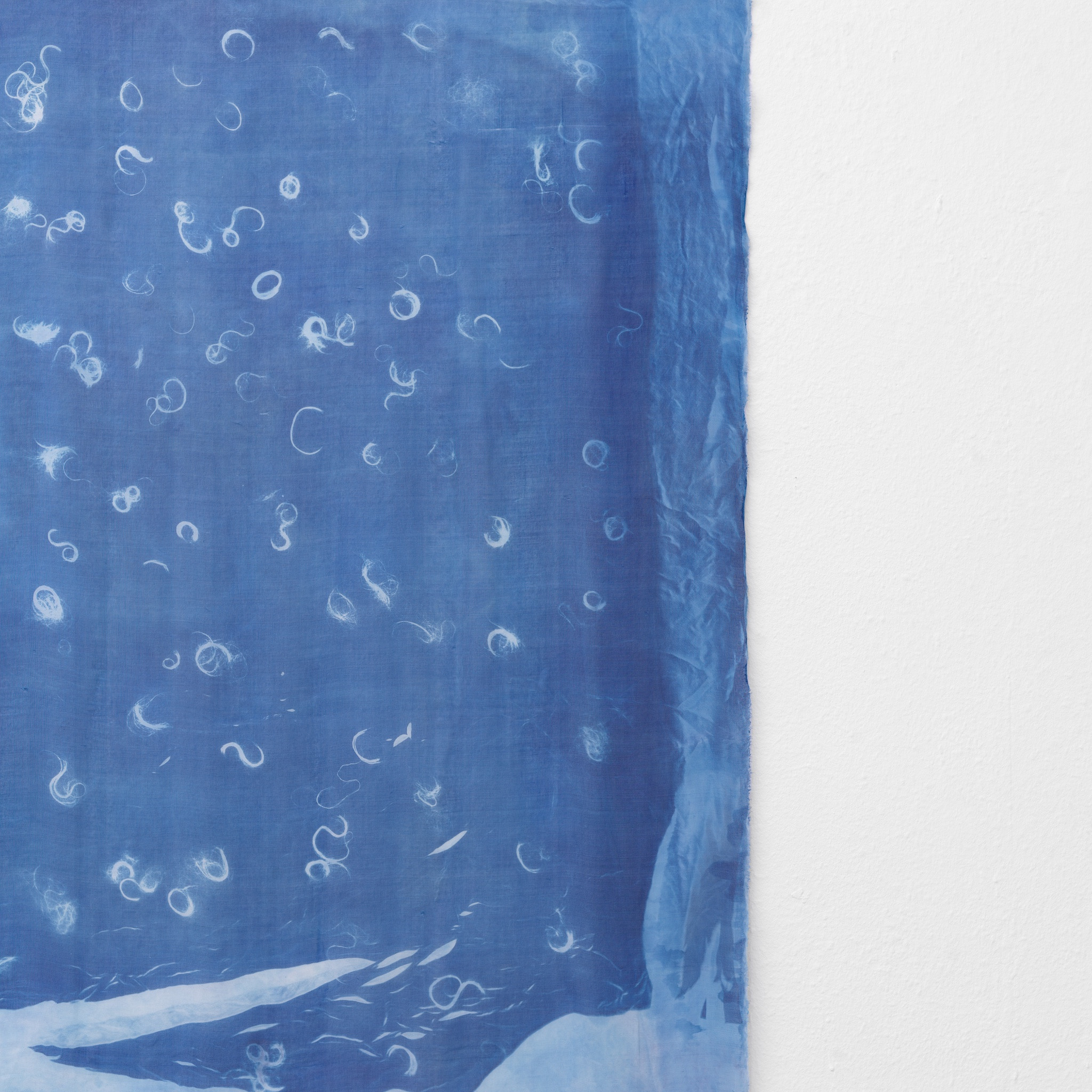 Dyveke Bredsdorff, â€œShoreâ€�, 2023. Cyanotype on chiffon silk, 20 hours overnight exposure, 122.0 x 141.5 cm
