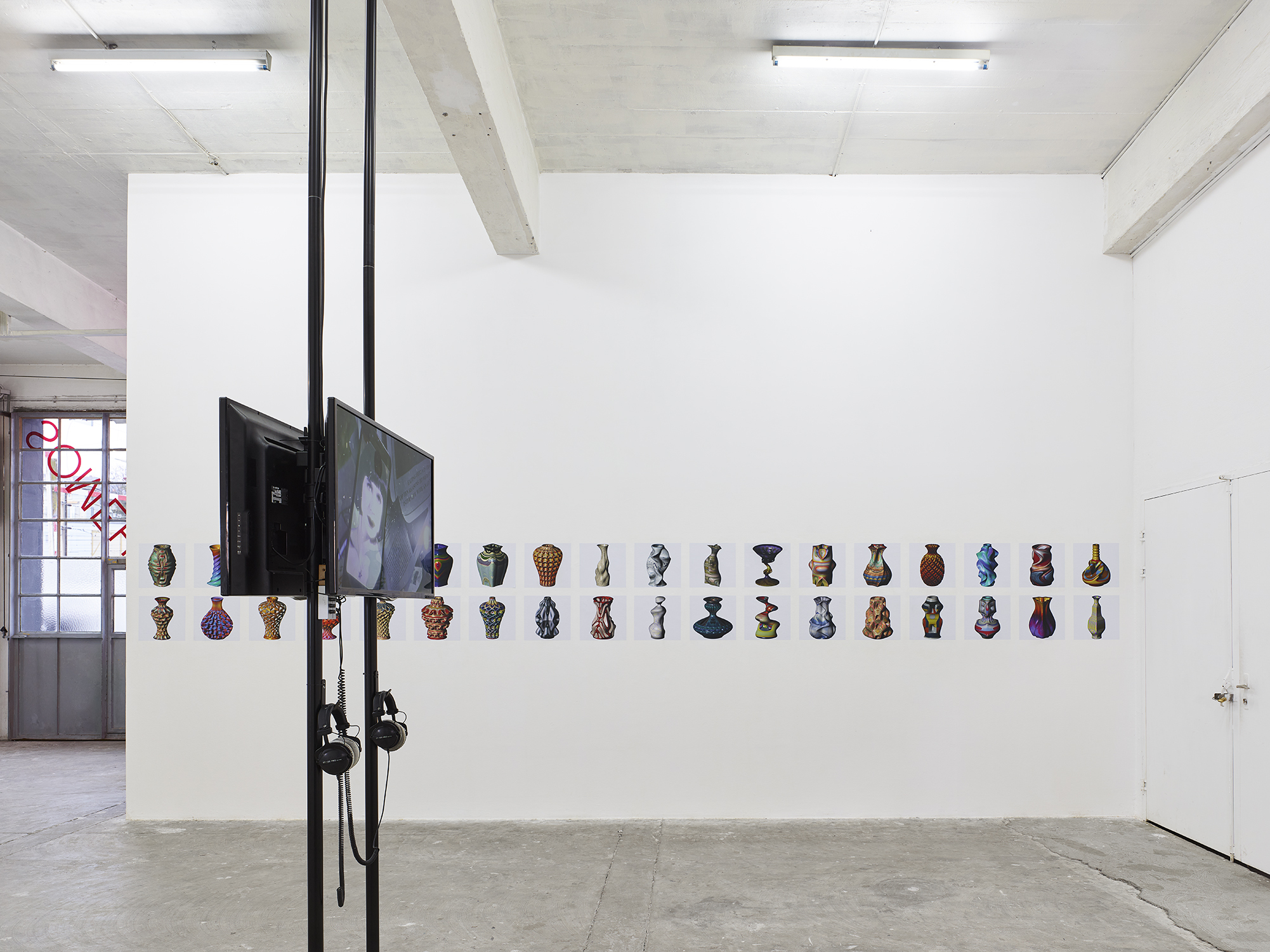Installation view of the exhibition "Indirect Methods" by Chris Korda; PotterDraw Gallery, 2017, 42 color digital images; Apologize to the Future, 2020, music video, 4'09" (still image) (with Will Benedict)