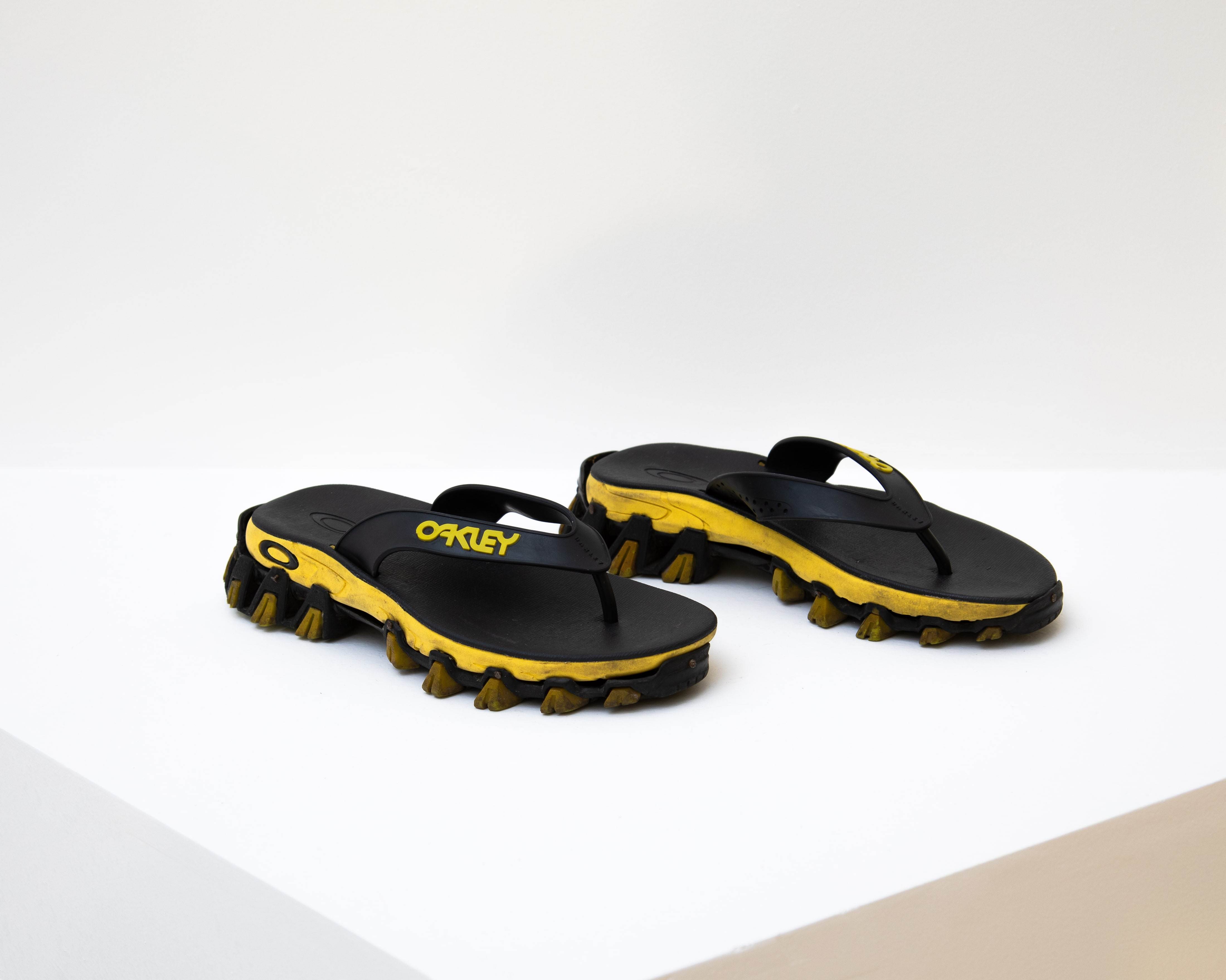 Brendy Xavier. malOakleyra, 2022. Oakley Rest flip flop and tênis Oakley Turlock Low attached by nails. 11 x 34 x 11 cm.