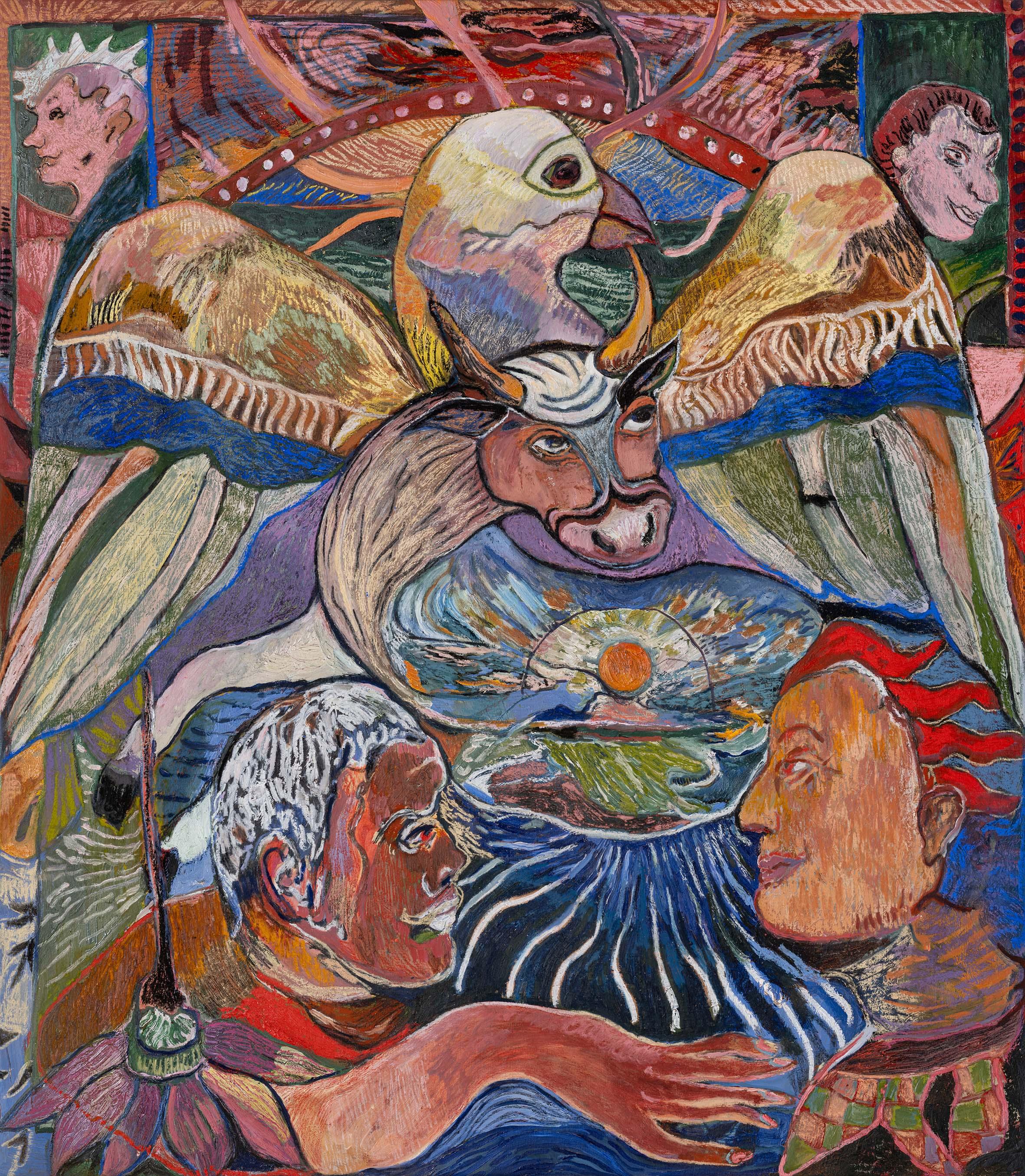 Maya Weishof, Between talks and myths, 2022, Oil, oil stick and dry pastel on linen, 166 x 145 cm
