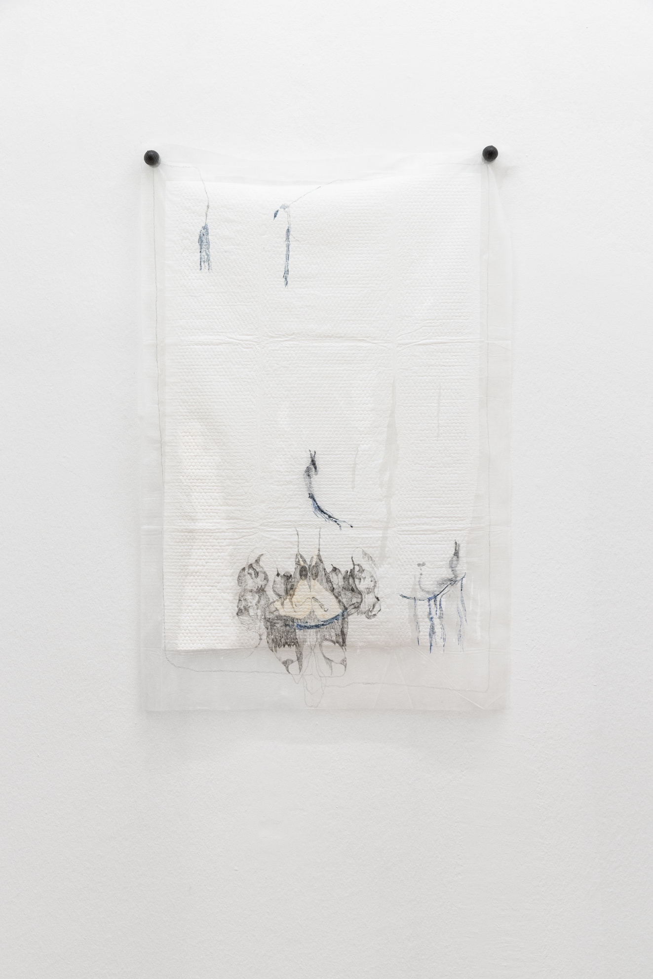 Laura Ní Fhlaibhín, "a wet warm afterlife by the blue willow pleasure pool with leopard slugs and the egg guardian and vaginal pearl cascades and bends", 2023, mixed media on incontinence pad, 60 x 90 cm