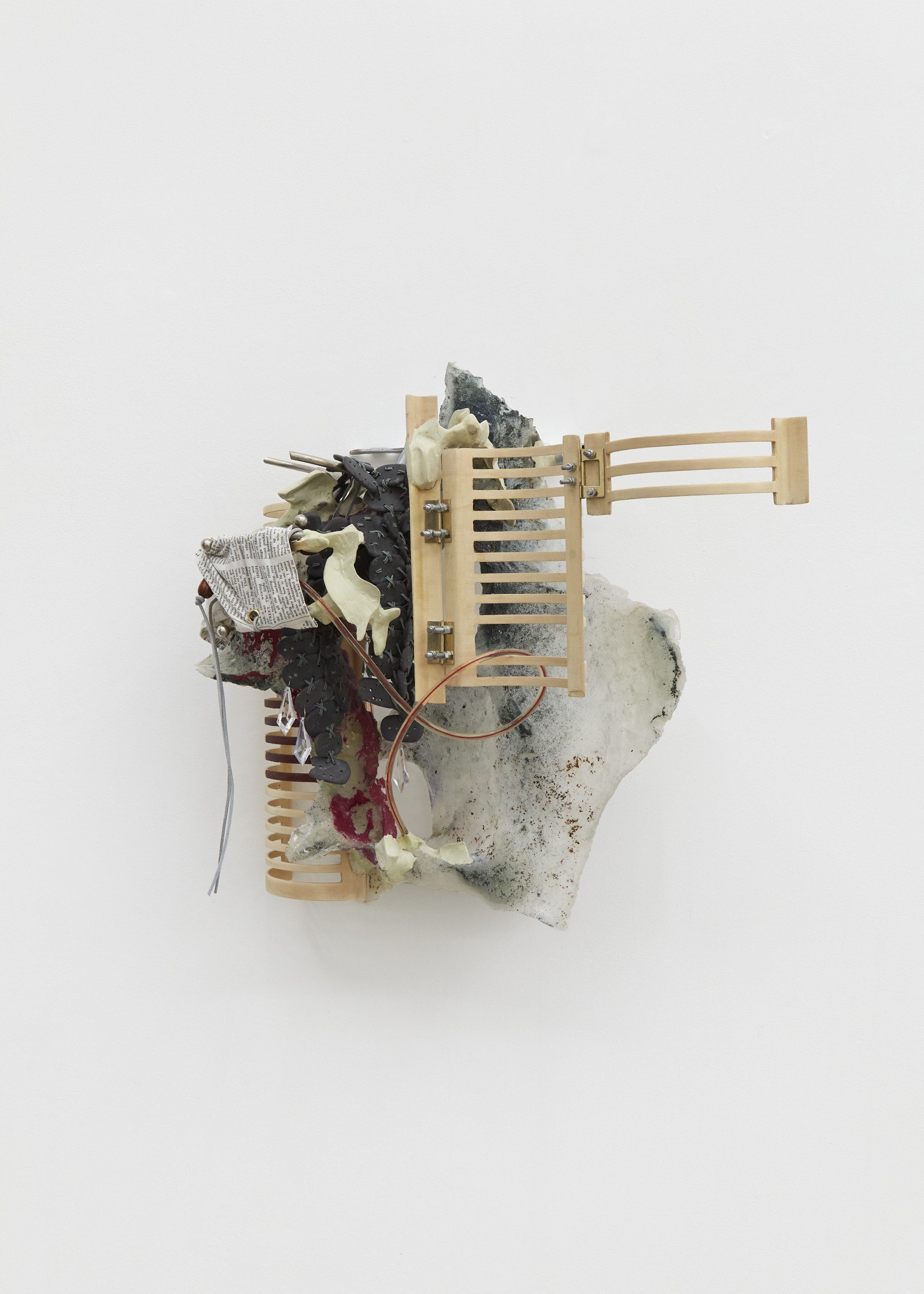Revolving at Both Ends, 2022 - 2023. Epoxy resin, epoxy clay, jesmonite, metal, wood, cord, fabric, found object, acrylic and pigment, 58 (H), 50 (W), 51 (D) cm. 
