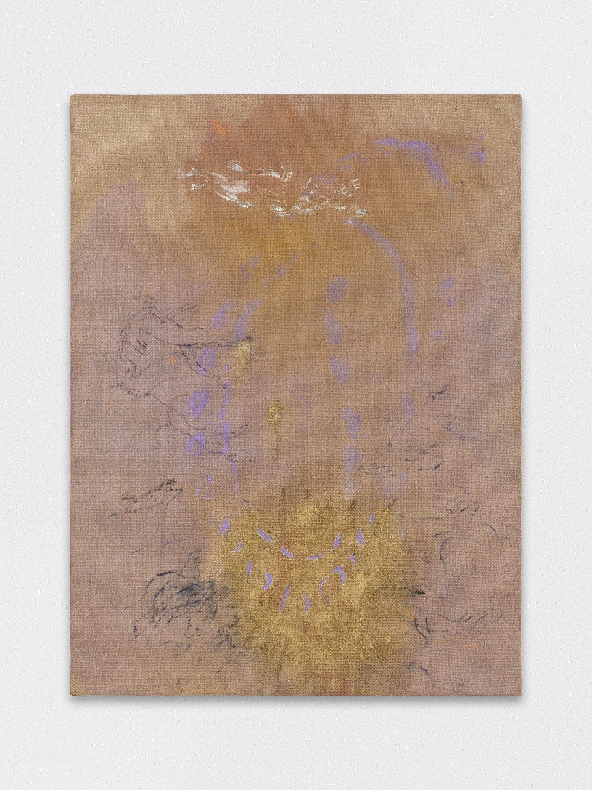 Leonardo Pellicanò, "The wretched child expires," 2019 Acrylic, oil, and brass dust on raw jute, 140 x 105 cm