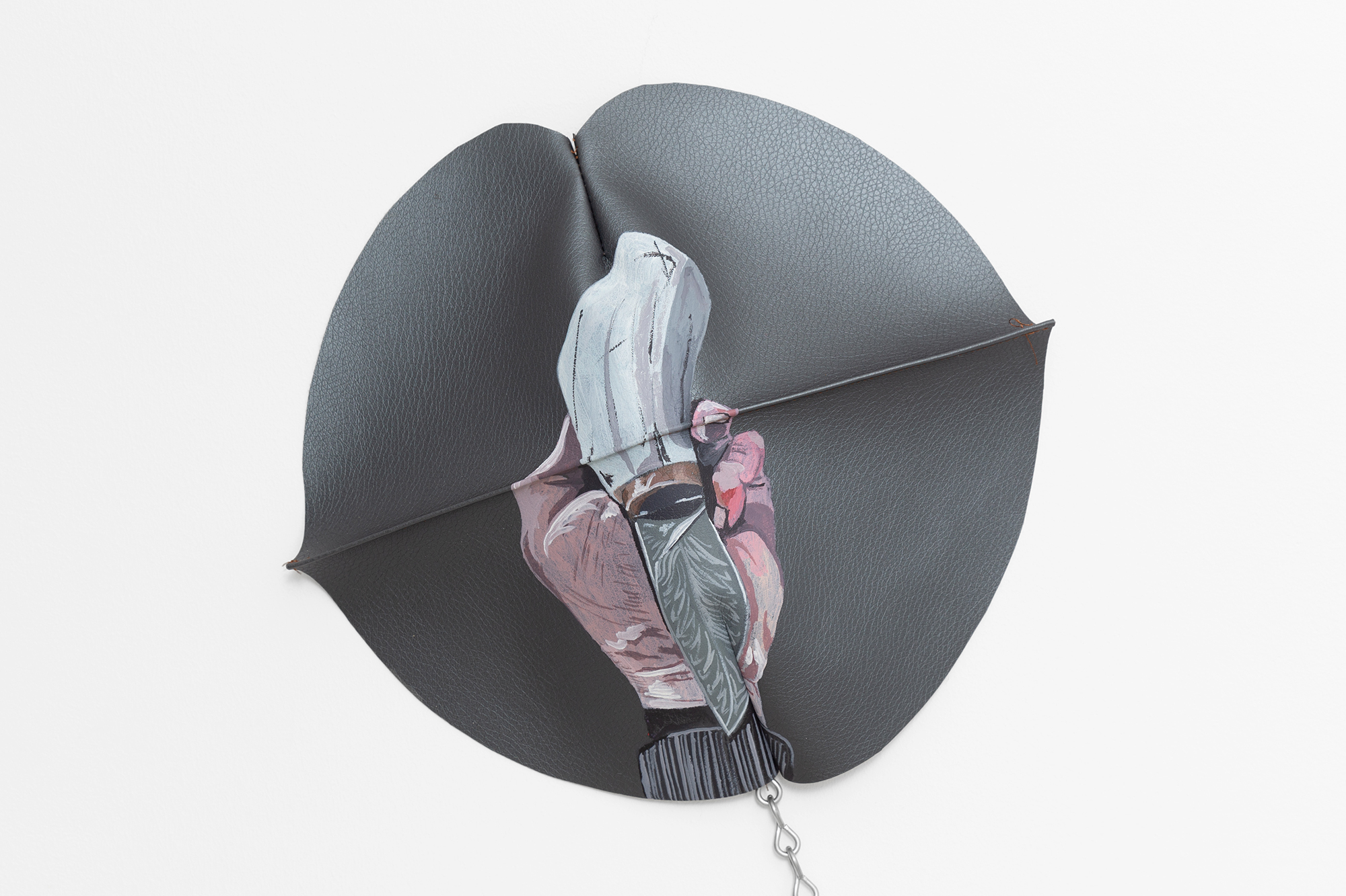 Kate Mackeson, Marie & Marie (detail), 2022, acrylic on imitation leather & digital print, acrylic and threads on imitation leather, 122 x 164 cm