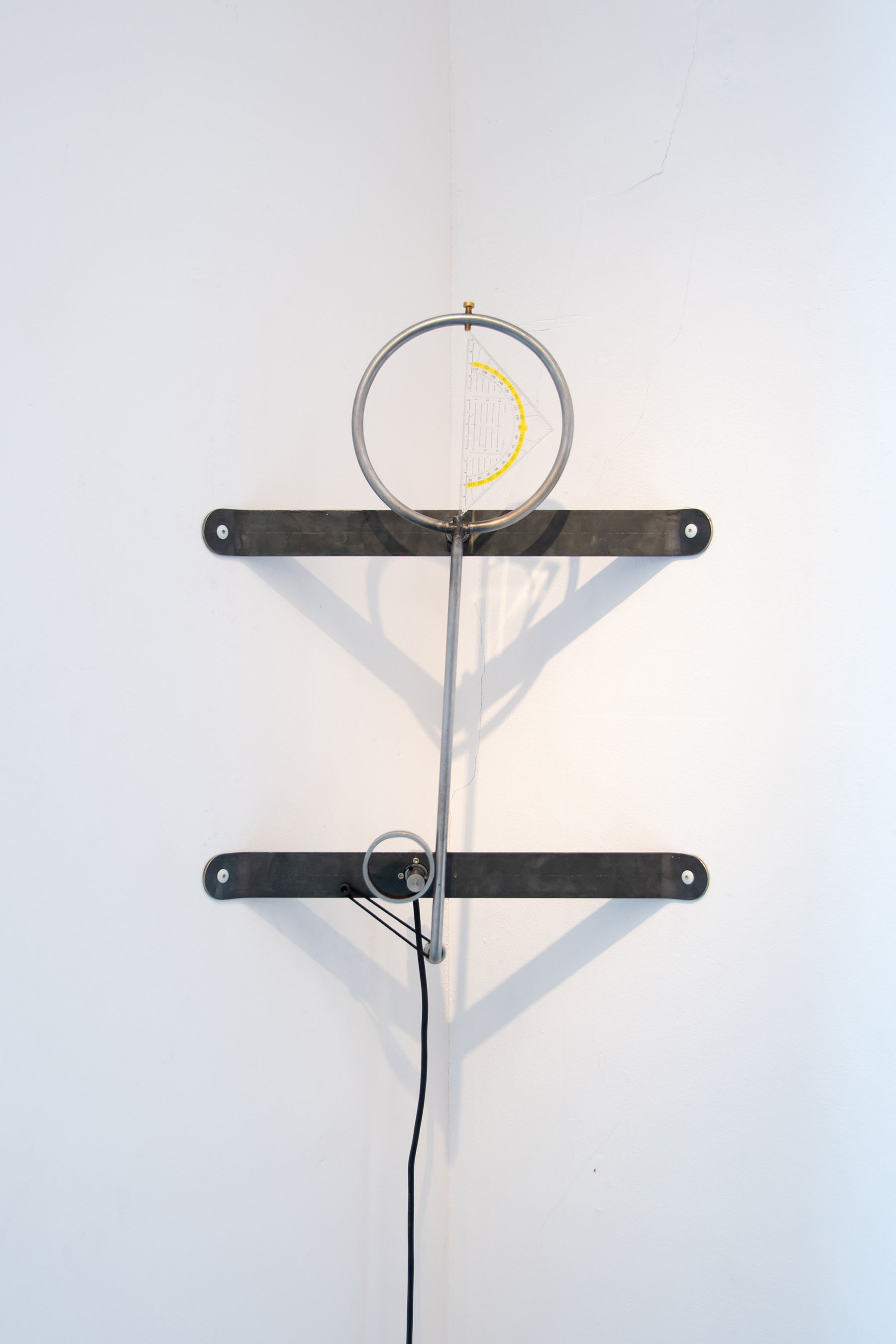 Sacred Sin, 2023, drafting triangle, steel brass elastic, motor