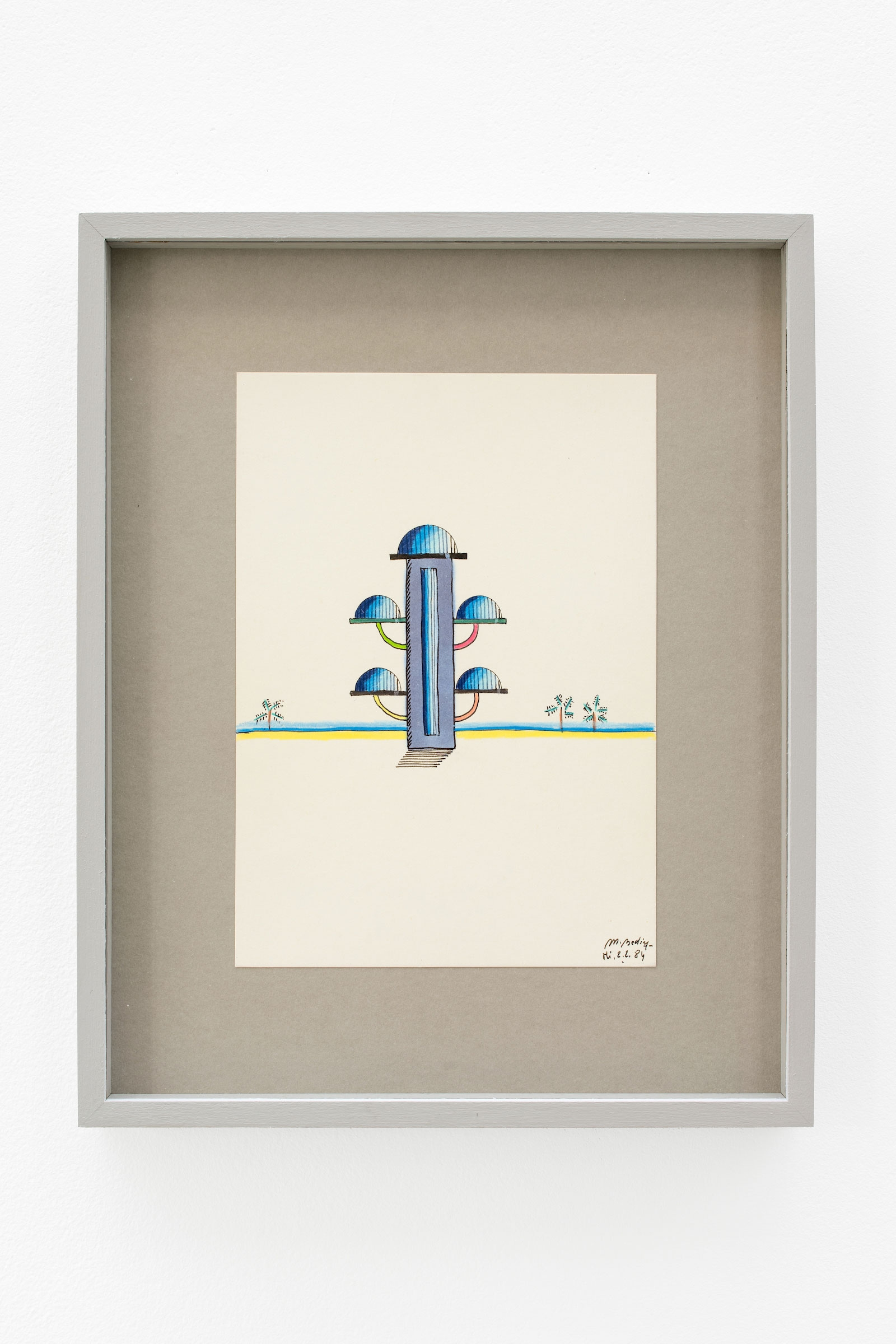 Skyscrapers 5, 1984, Feutre, crayon de couleur et aquarelle sur papier, 24 × 17 cm (framed: 36 × 29 cm). Photo: Martin Argyroglo.