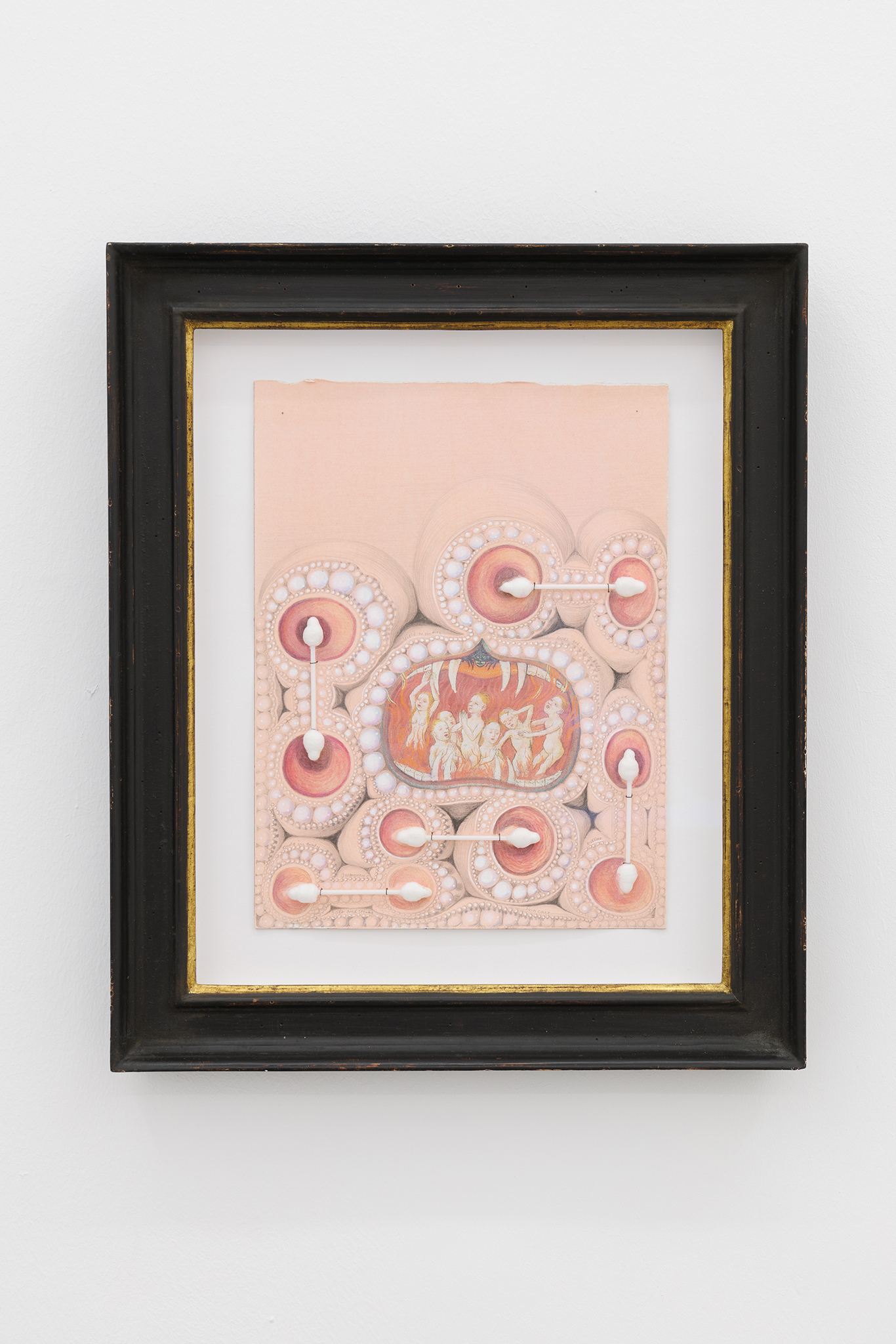 Kinke Kooi Hygiene (2), 2015 acrylic ink, colour pencil, collage, Q-tips, thread, gouache on paper 30,5 x 23 cm, framed