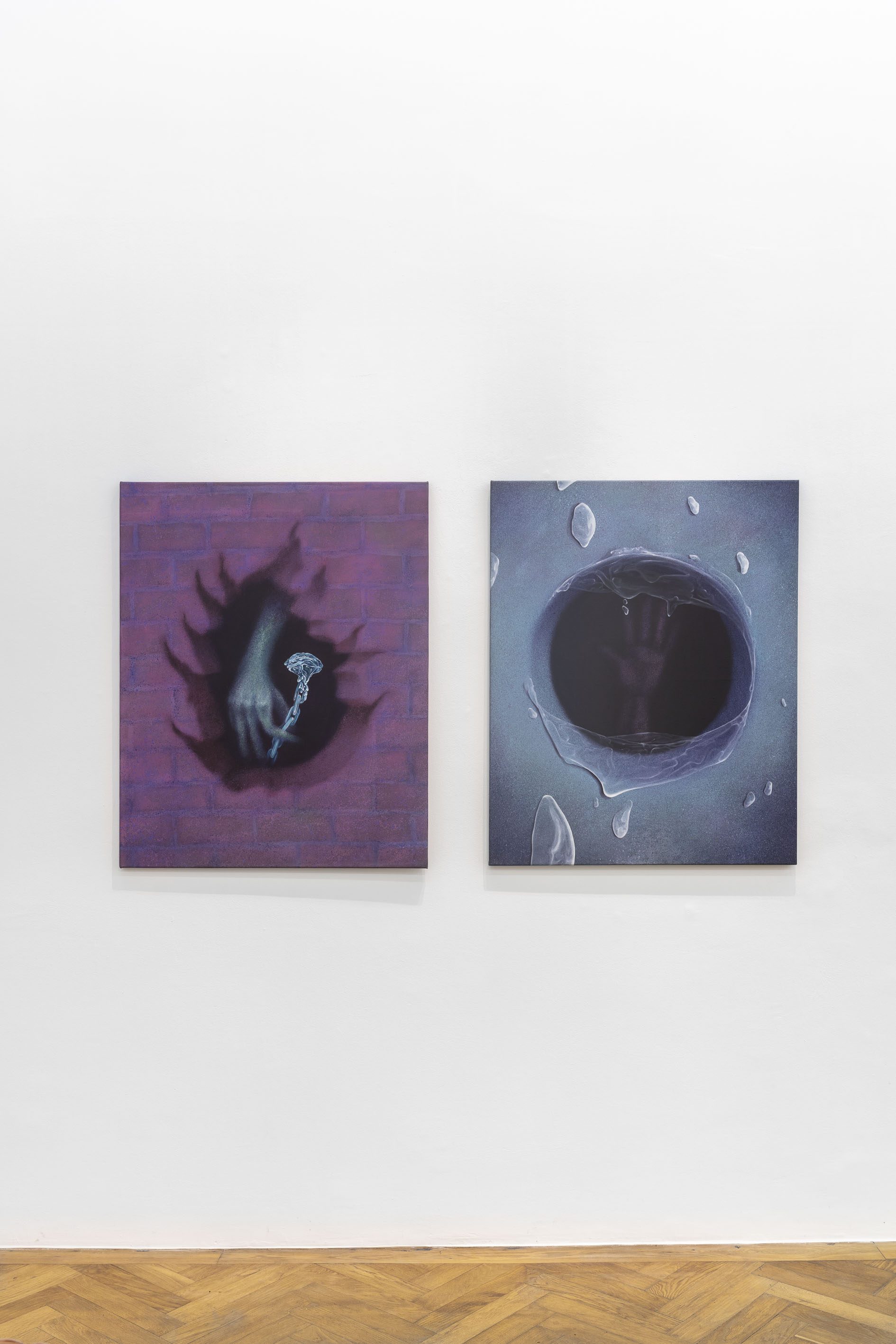 Ádám Horváth, left: A Warm Gesture from a Cold Hand, right: That Act Sublime, each 2019, acrylic on canvas, 100 × 80 cm