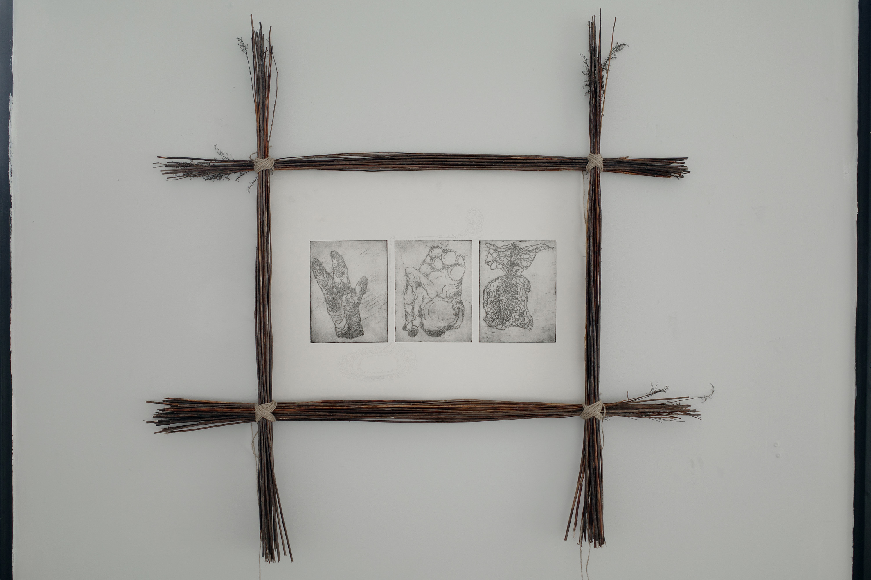 untitled (sigil), 2023, Anders Aarvik. Triptych copper etching on cotton paper sourced from archive of deceased artist, filtered soil and water-based ink, plotting with GraphGear 1000 mechanical pencil, dried branches, jute twine