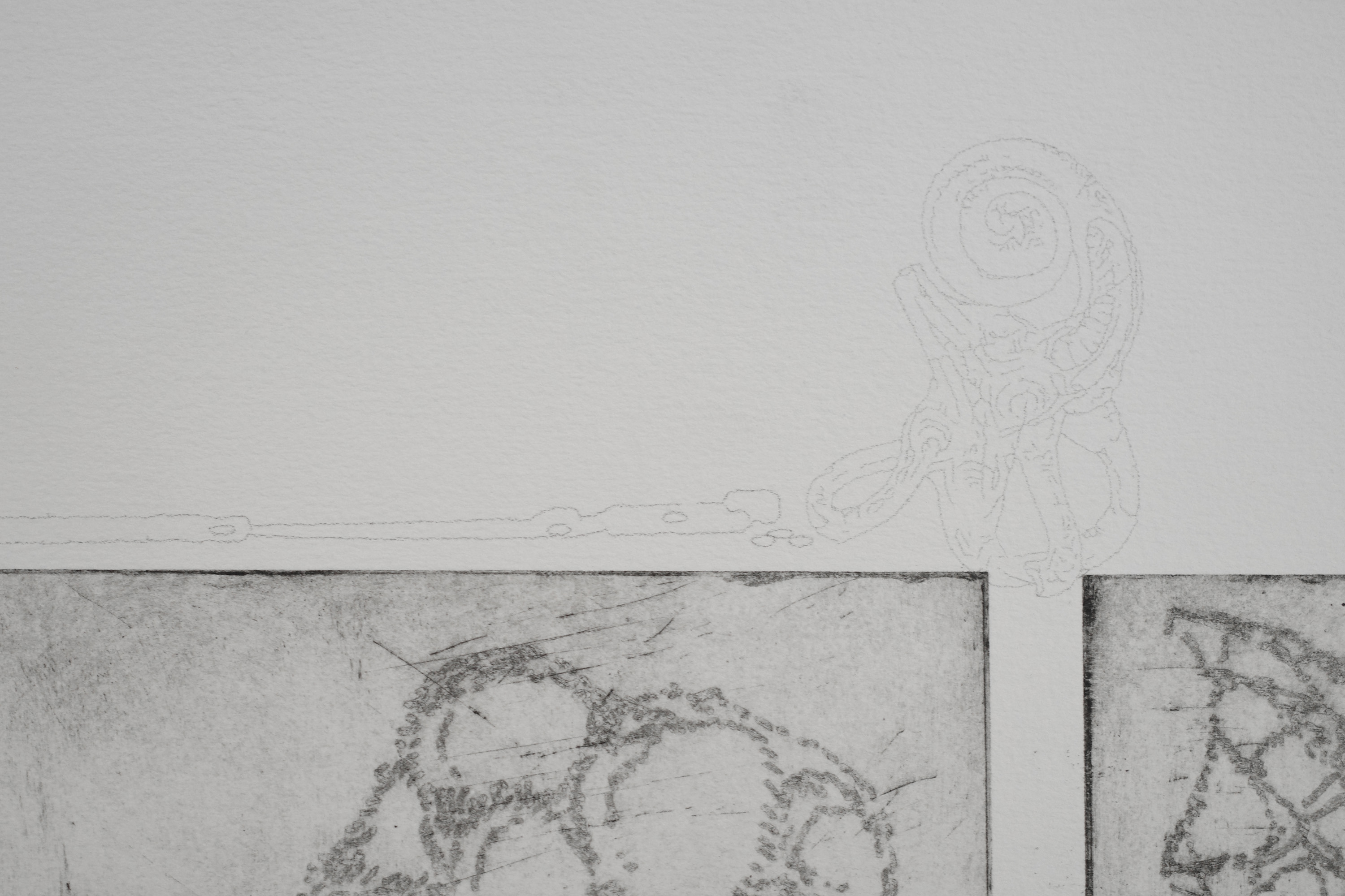 untitled (sigil), 2023, Anders Aarvik. Triptych copper etching on cotton paper sourced from archive of deceased artist, filtered soil and water-based ink, plotting with GraphGear 1000 mechanical pencil, dried branches, jute twine