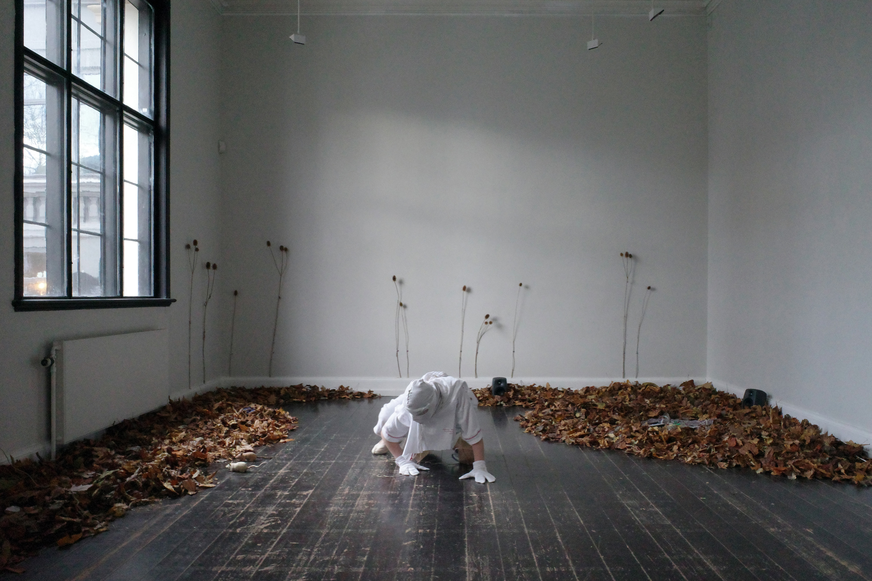 0, 2023, Anders Aarvik, Ayshan Qvortrup, Aske Hvitved. Performance (with Ayshan Qvortrup), installation of unfiltered leafs, teasels (dipsacus) attached with cable clamps, sewn patient clothes, jute, and wooden rodents (carved by Aske Hvitved)