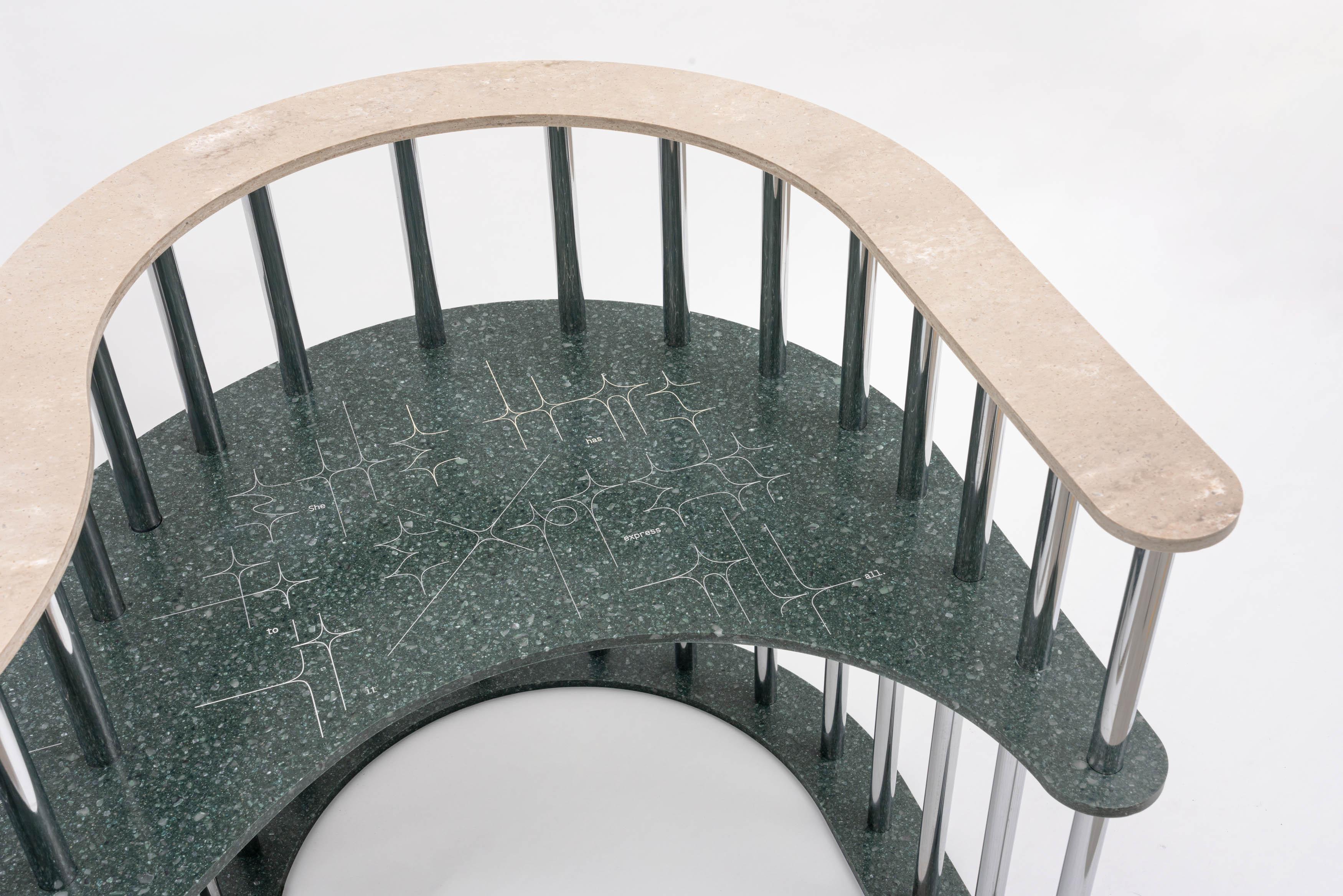 Detail: Gossip Chair No. 2, 2023 Natural Acrylic Stone, Chrome tubes 72 Ã— 140 Ã— 76 cm