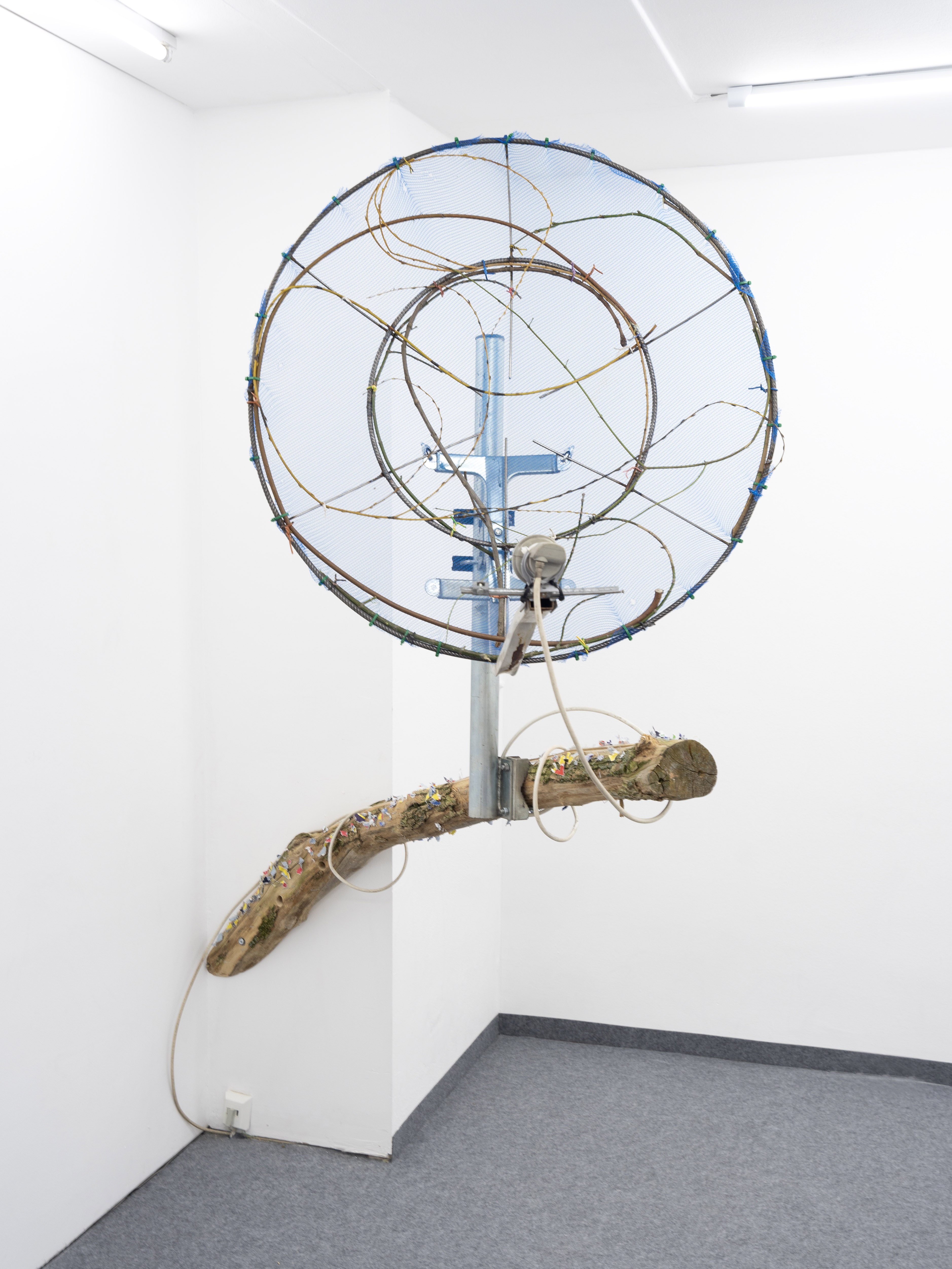 JOE HIGHTON - Big bird, 2023, Wood, metal, mesh, twigs, ties, electronics, rope, paper, screws and hooks, paint, 150 x 200 x 200 cm, 59 x 78 3/4 x 78 3/4 in (JH003)