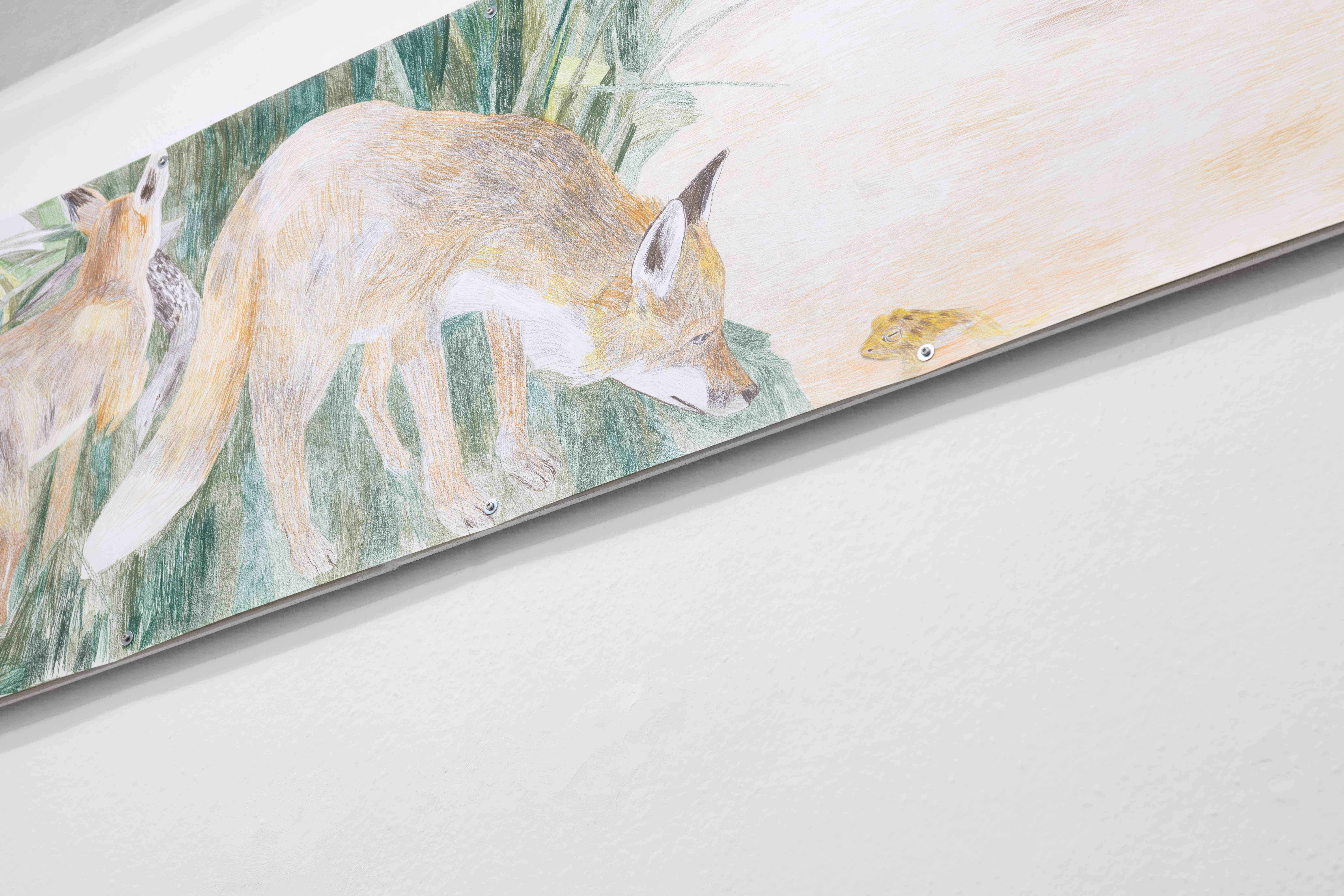 Agnese Galiotto, Of foxes and birds. Stories from the hill. (West), 2023, Crayon on paper on drywall mount, 480cm x 60cm, (detail)
