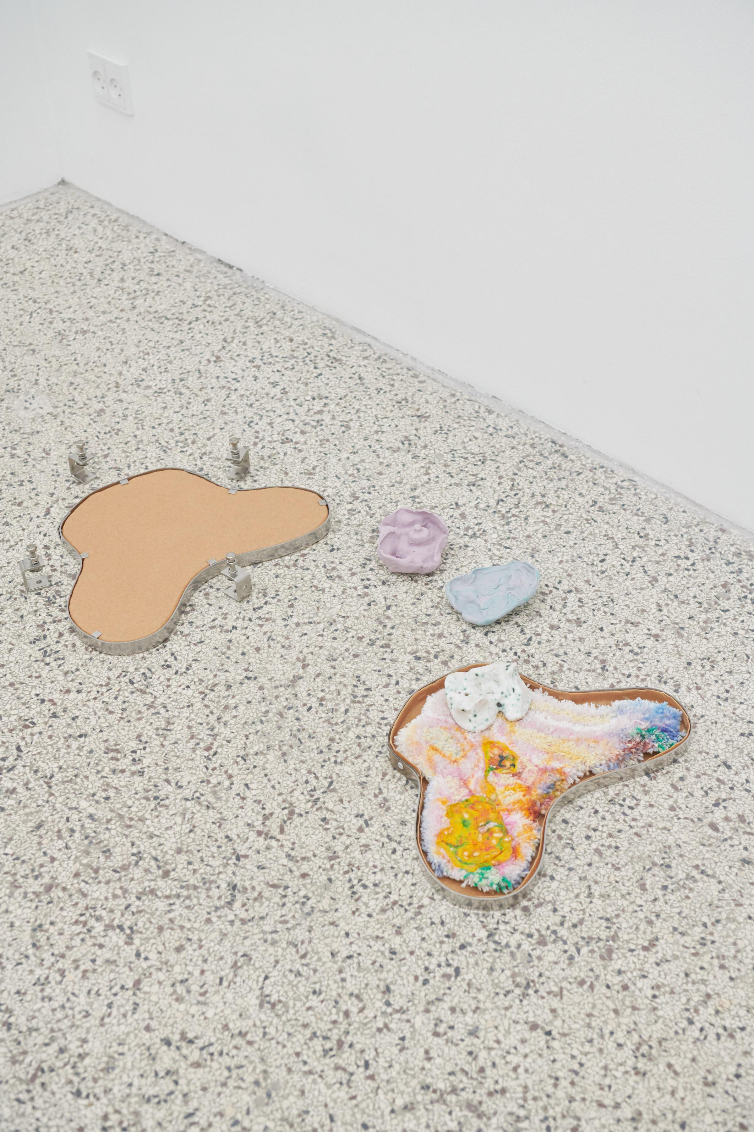 Valentino Skarwan Sloth, slug love 2 Wool, cord, wood, latex, seeds 2023 & Lisa Jäger Cases for Valentino Skarwan Sloth, slug love 1 & 2 Steel, thermoplastic, silicone 2023