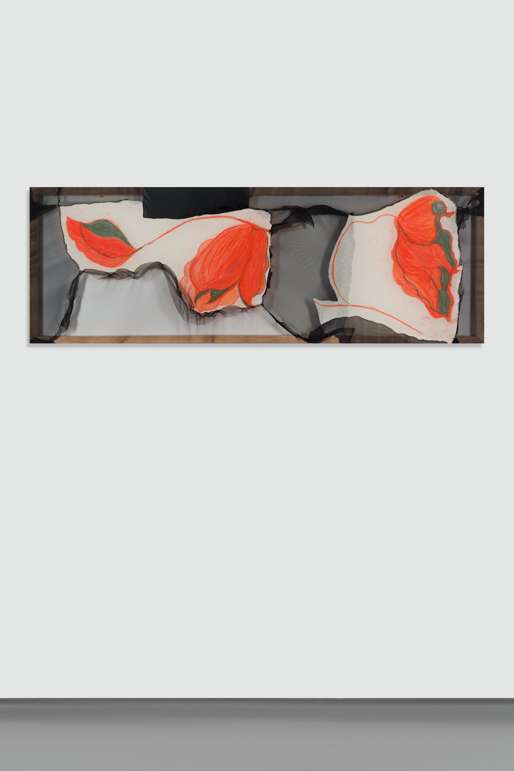 Anna Virnich, "Hysteric Flowers", 2023, Tuelle, leather, silk, plastic, yarn, oilstick on nettle; wooden stretch frame, 62 × 180 cm. Photo/ Adrien Thibault. Courtesy of the artist and HATCH