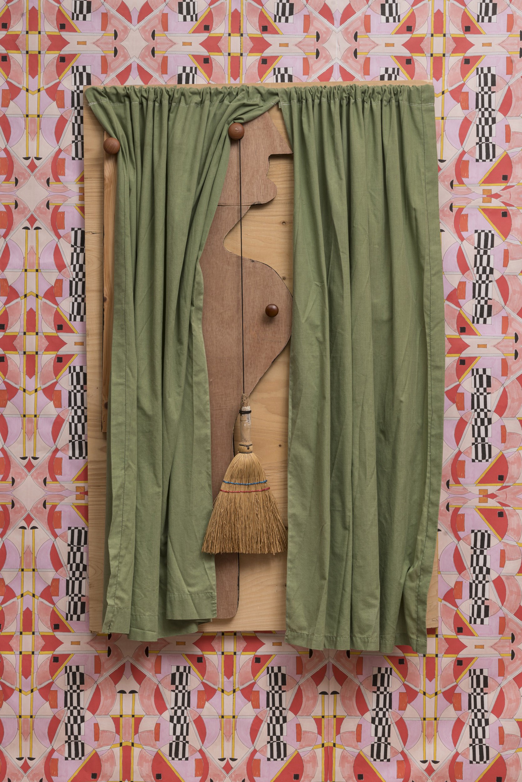 Street Cleaner, 2022, wood, fabric, hay broom, shoelaces, 125X77 cm