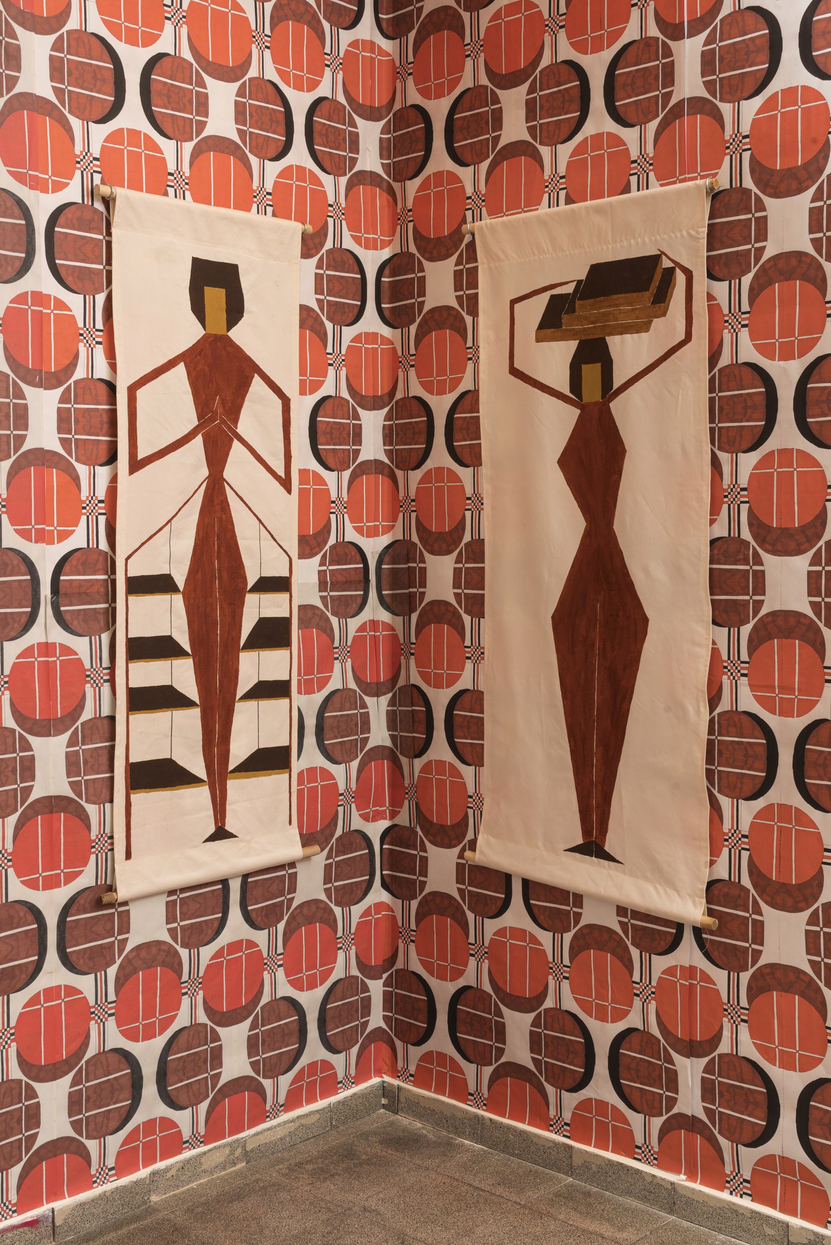 Woman With Books on Her Head, 2023, Acrylic on fabric + Woman Library, 2023, Acrylic on fabric, 120X50 cm each
