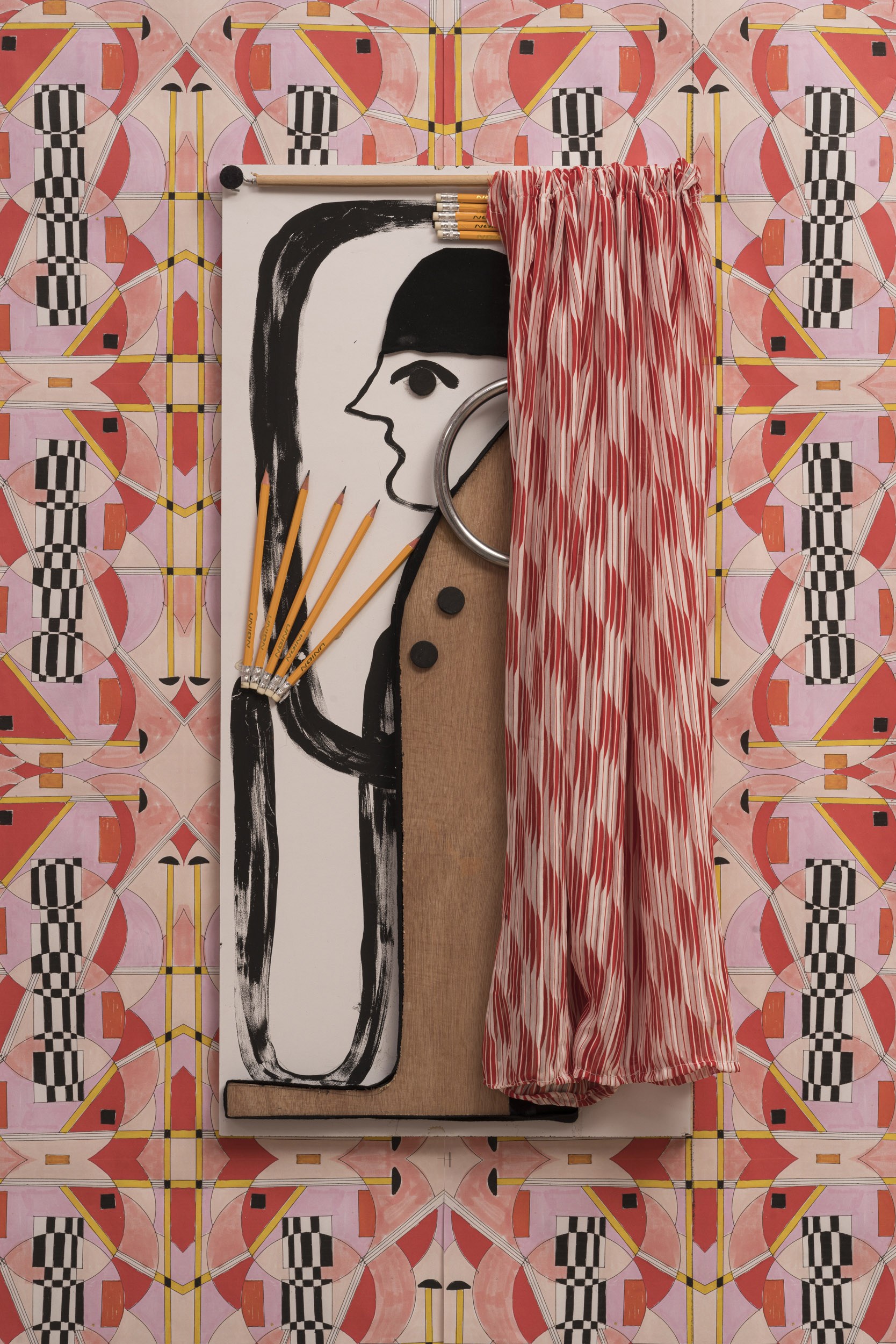 Next Door Neighbour, 2022, wood, fabric, pencils, acrylic, stickers, 82X40 cm