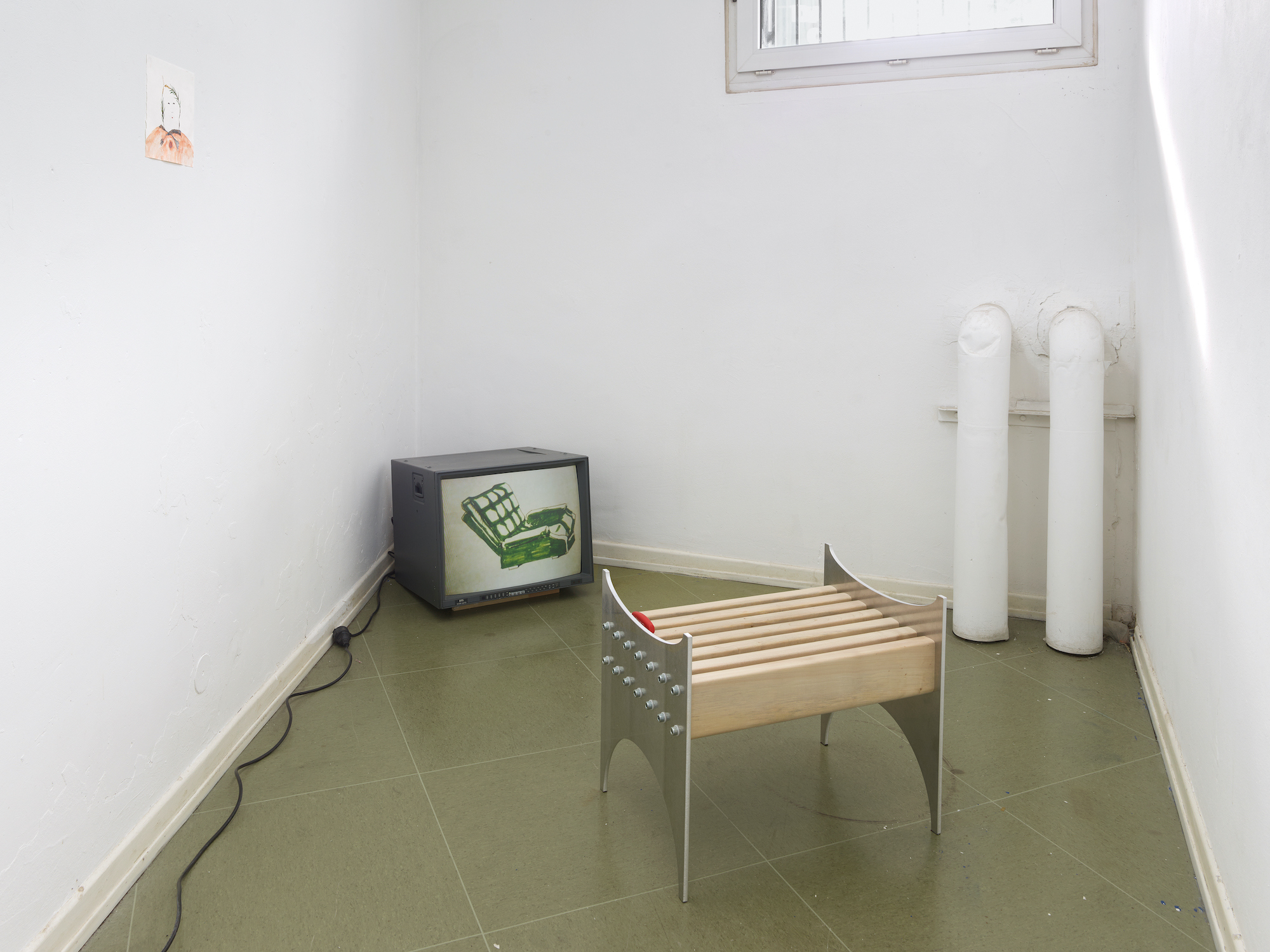 Maria Lassnig, Chairs & Laslo Chenchanna, factory finish für mama und papa, installation view, MÉLANGE 2023. Photo Simon Voge