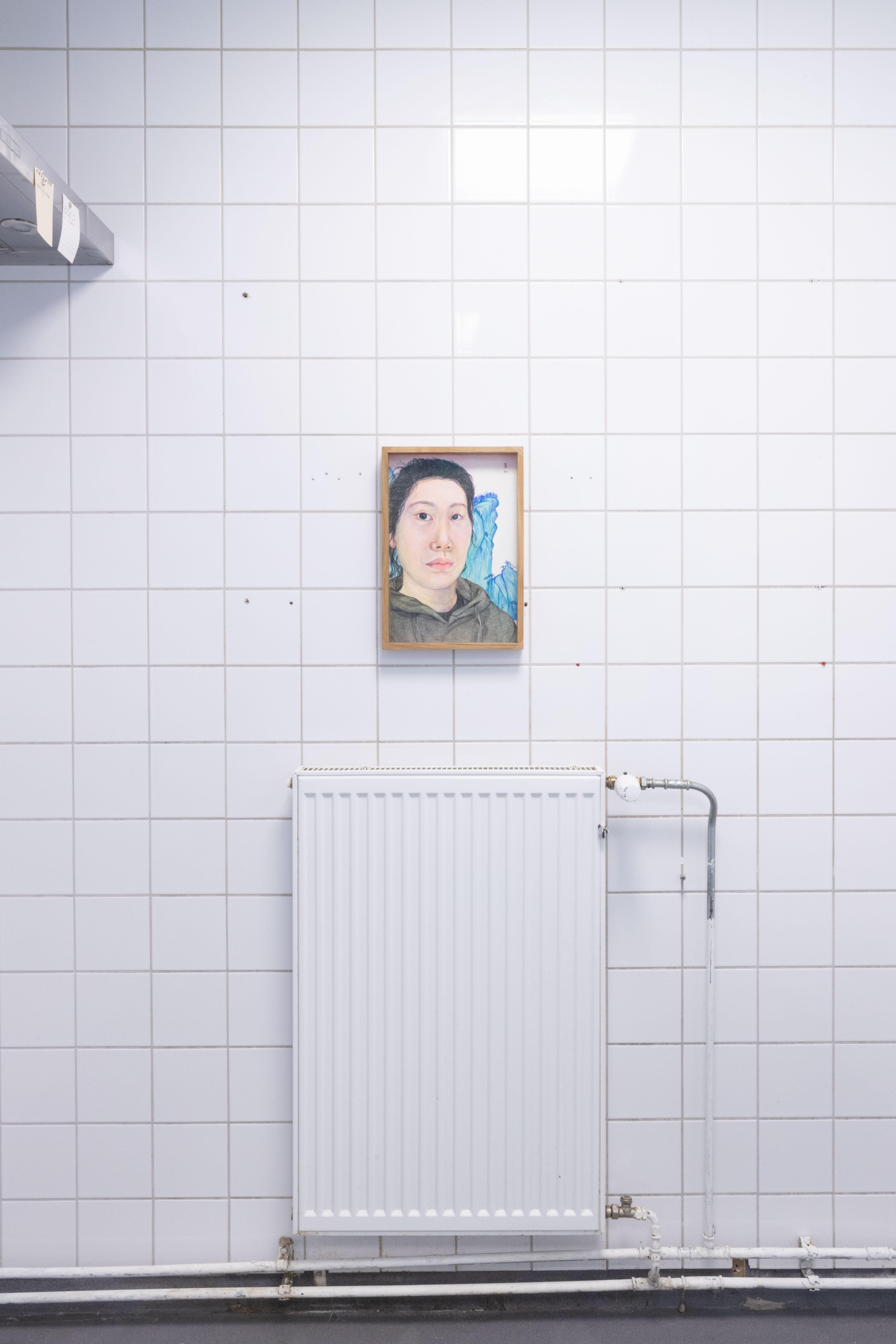 Pitted Dates: FOR SOMETHING TO BE FILLED, Minjee Hwang Kim: Self-Portrait with Blue Mountains, coloured pencil and ink on paper, oak, museum glass, Custom-made frame by Ville Arpiainen, 297x420mm, 2023