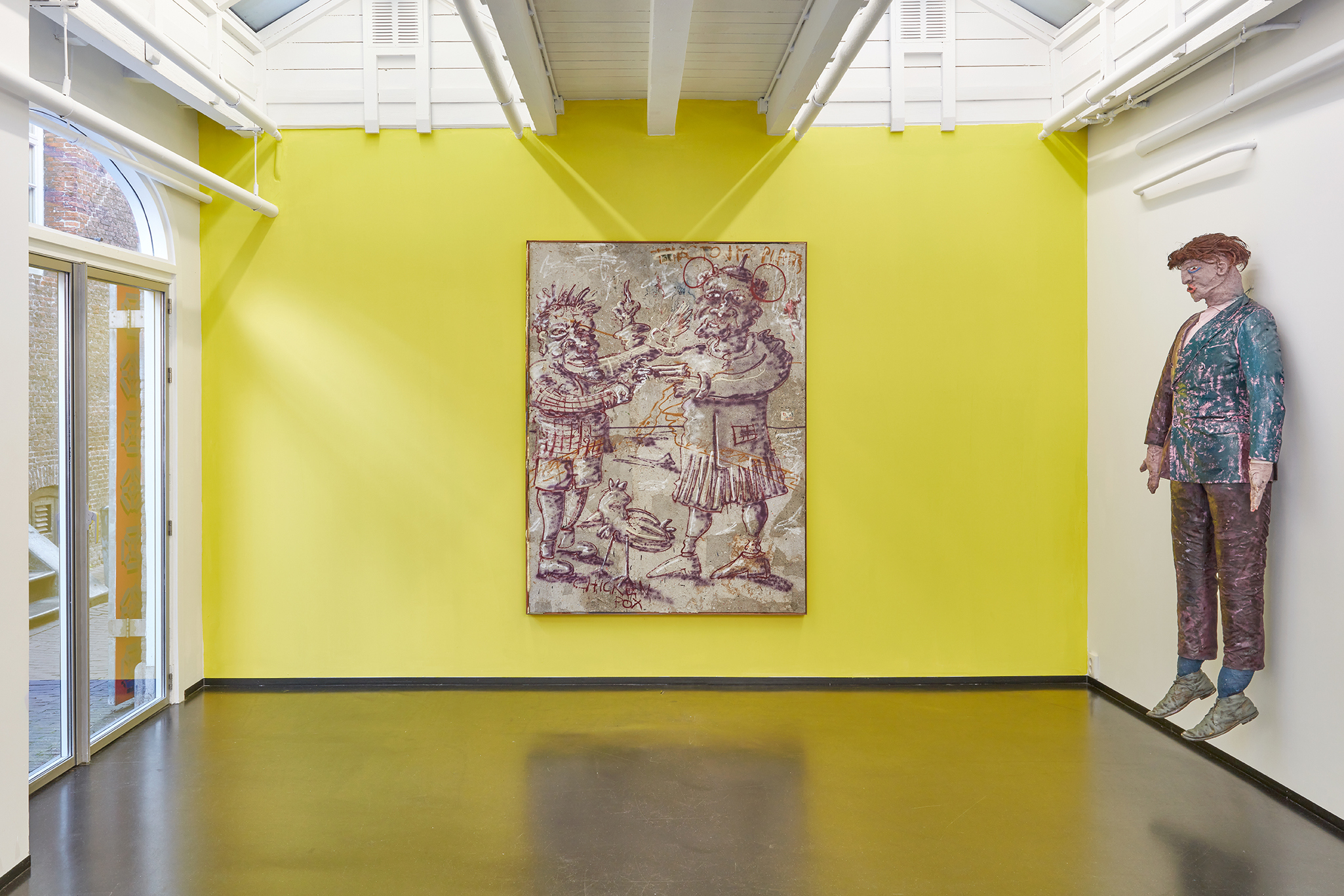 Thoughts donât stop, 2022, artist made fractured paper, spray paint, oil paint, expanding foam, bone glue on canvas and stained wood, 202,2 cm x 152,3 cm and Wisconsin (puppet painting), 2023, oil paint on fabrics, life-size dimensions