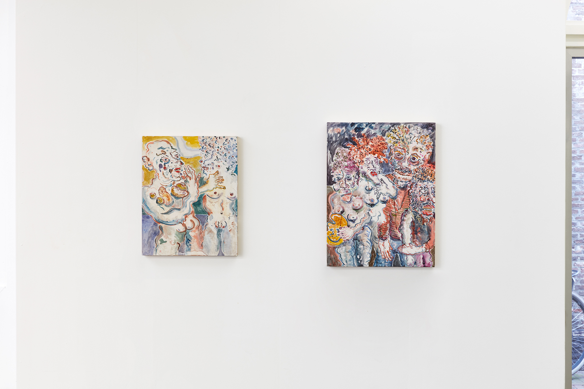 The beauty of a filthy evil animal, 2023, Aquarelle, oil paint and rice paper, mounted on stained wood 50x40cm and The smiling face of the mother, 2023, aquarelle and oil paint on rice paper, mounted on stained wood, 60x45cm