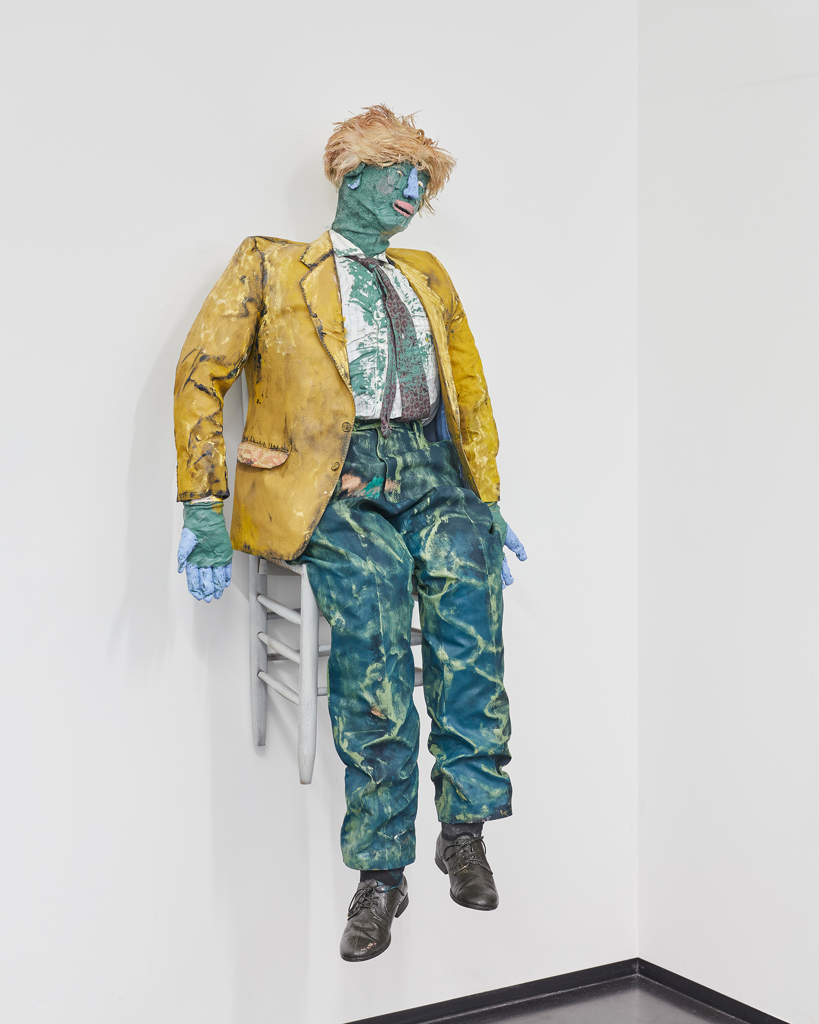 Indiana (puppet painting), 2023, oil paint on fabrics, chair, life-size dimensions