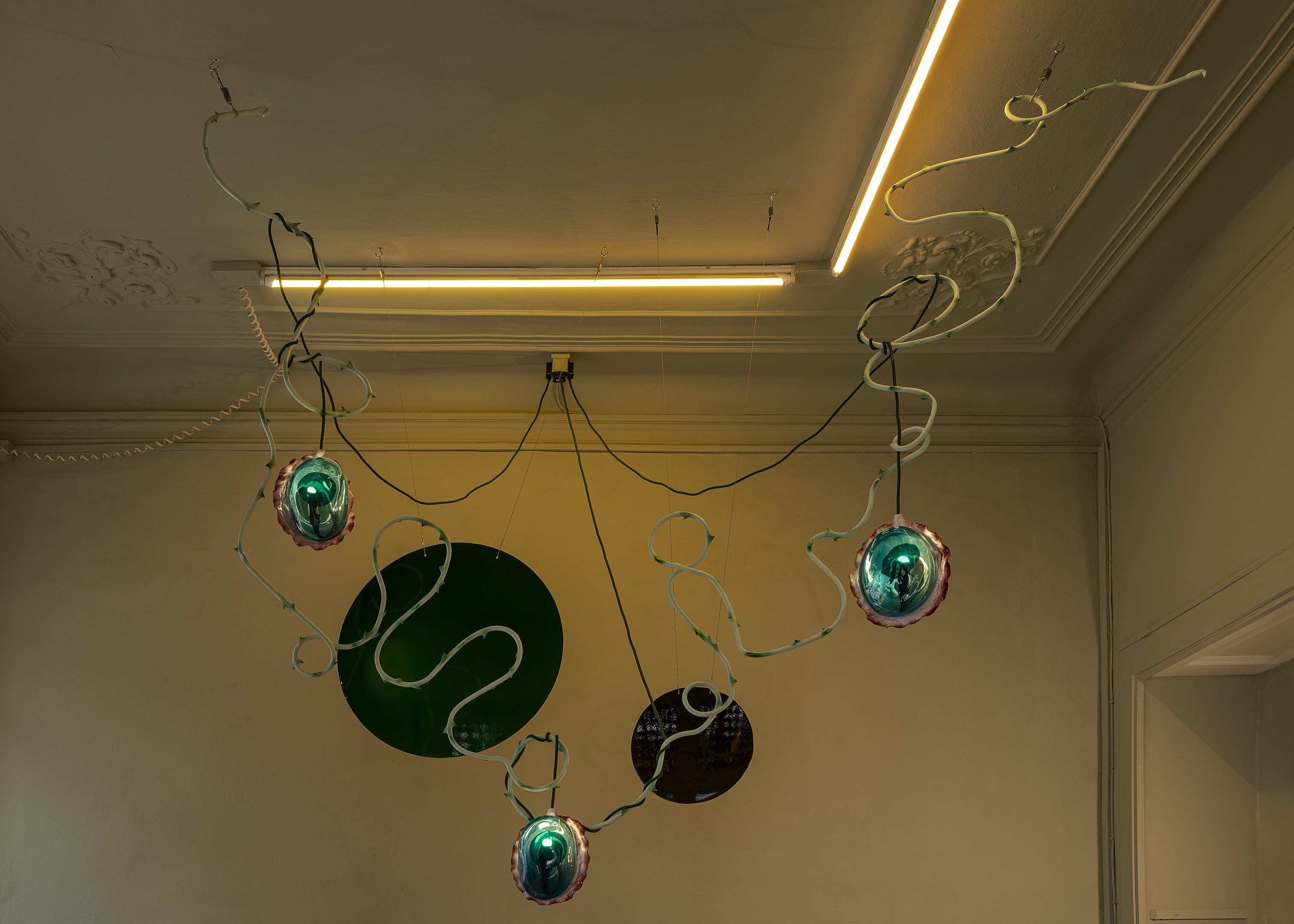 Tai Shani, NH: polymorph, dreaming android, flaming seraph, 2022, Iron vine, 3 glass eyes, 3 metal disks variable dimensions cm Courtesy: The Artist, Clima, Milan and Gathering, London