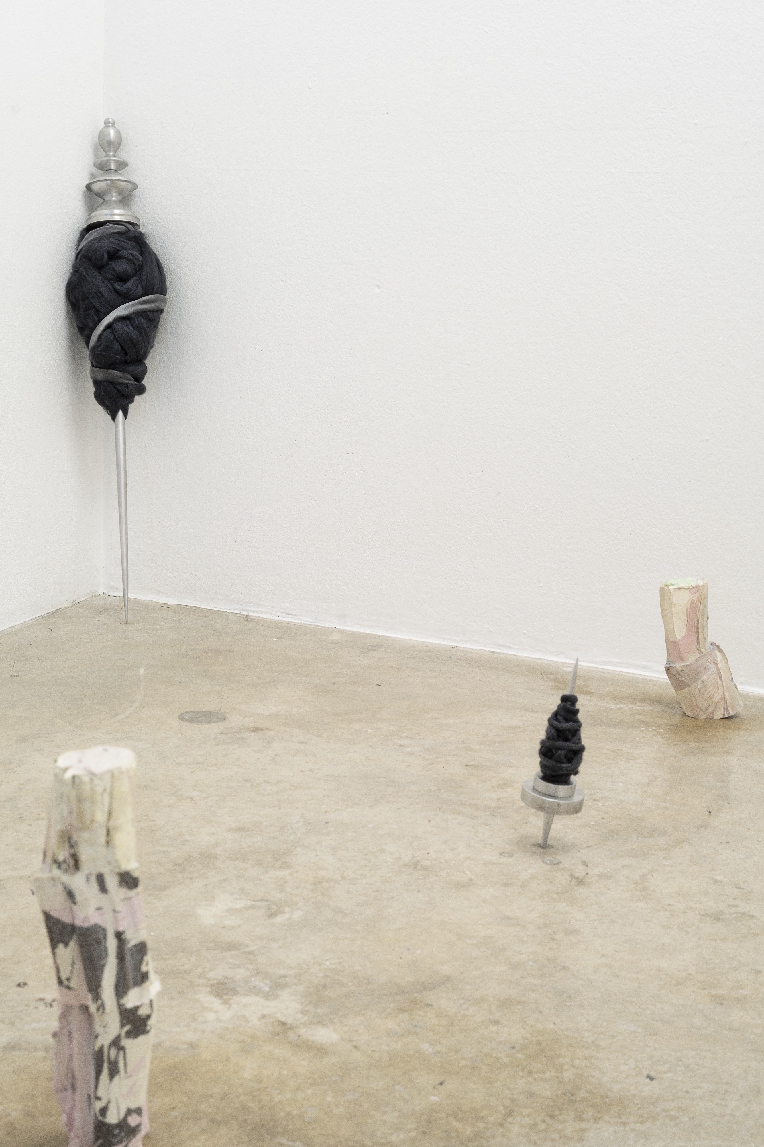 Installation View, top/middle: spinsterâ€™s bishop by Elektra Stampoulou, aluminium, wool, velvet, olfactory components, 93x17cm, 12x5cm, 2023 left/right: just do it by gousgous, cement, pigments, various sizes, 2023