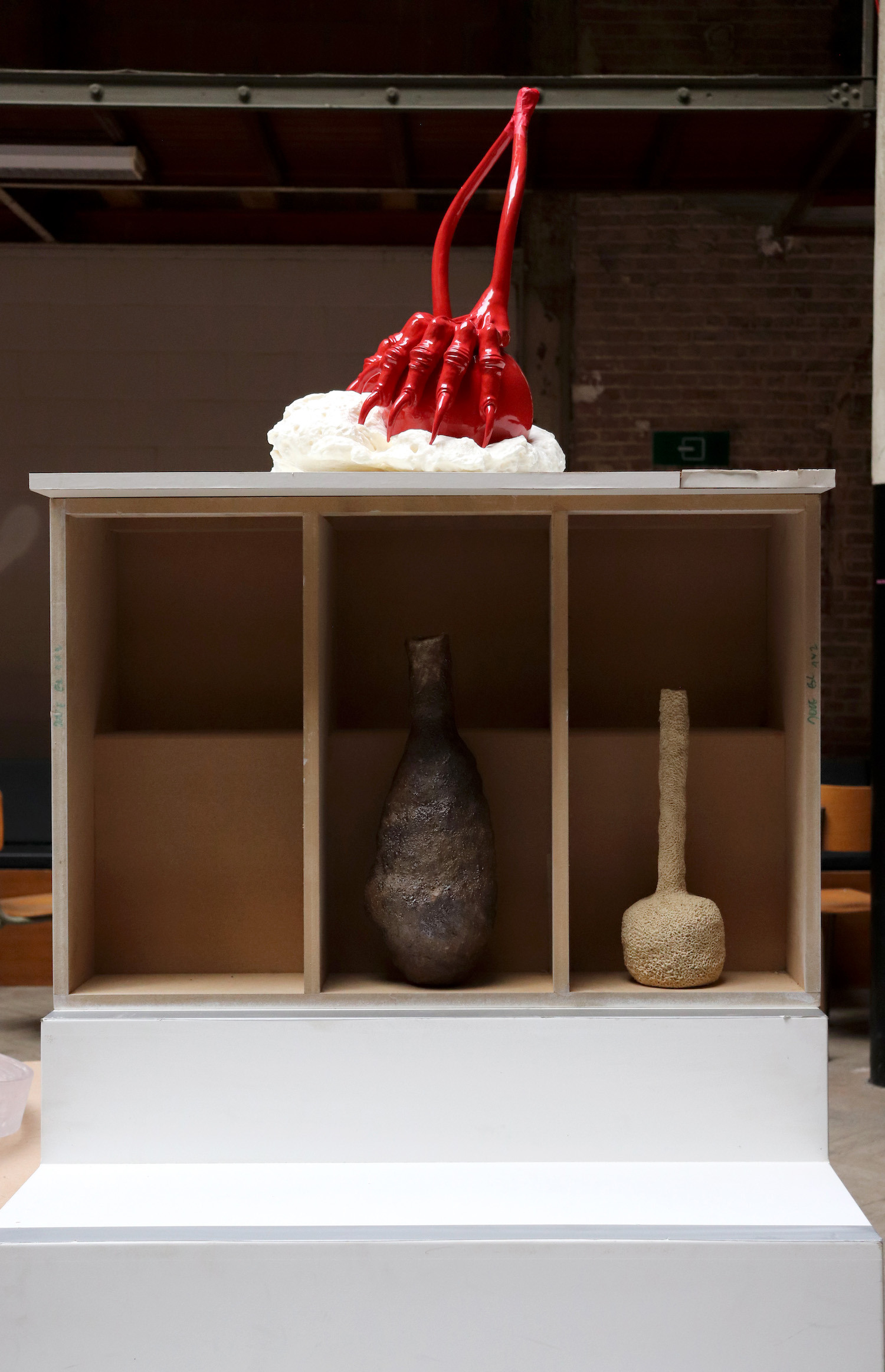 Maxime Fragnon, 1) Semo, lava glazed stoneware, 18,5 x 42cm , 2022 / 2) Eftal, white sandstone, pine needle print, 2022
