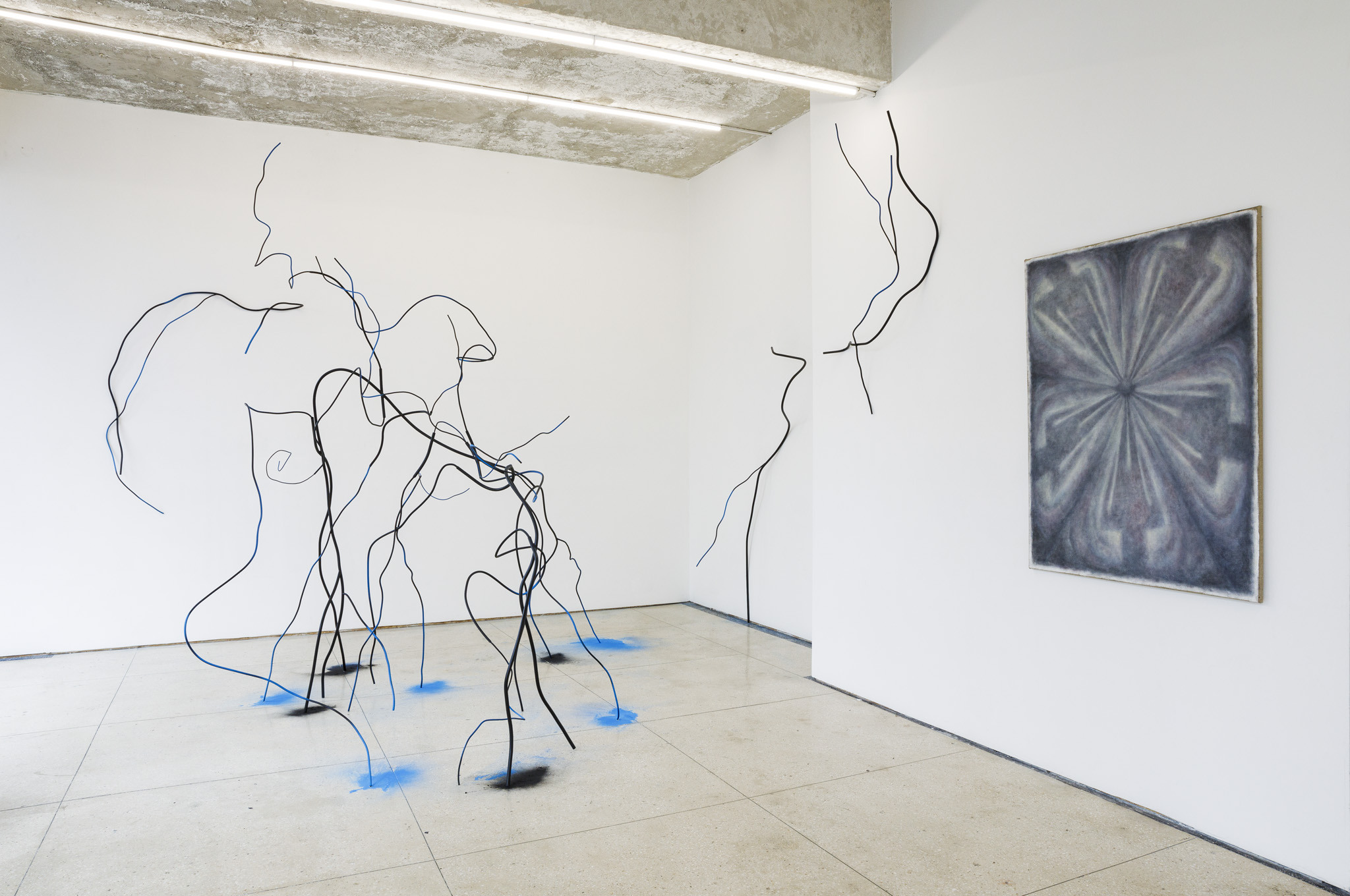 Zuza Golińska, Body Electric, 2021, painted steel, dimension variable  & Paweł Olszewski, Five Walled Room, 2023, oil on canvas, 130 x 100 cm