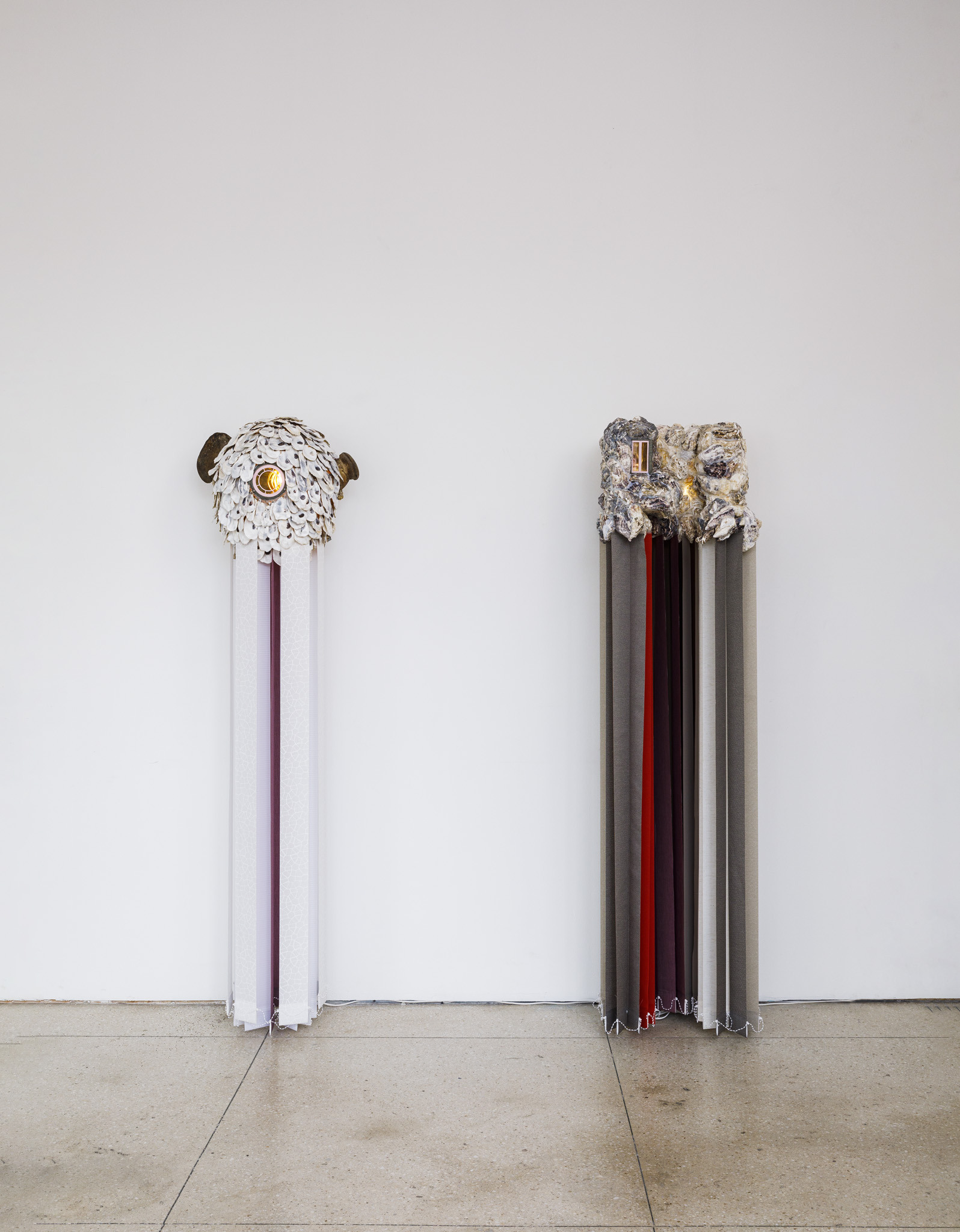 Agata Ingarden, Four Hundred And Seventy-six Bedrooms Mean Nothing to Them, 2023, oyster shells, office blinds, 3D model print, 192 x 52 x 42 cm & She Prefers a Sunset to a Flock of Goats, 2023, oyster shells, hoof fungus, 3D model print, 195 x 56 x 43 cm