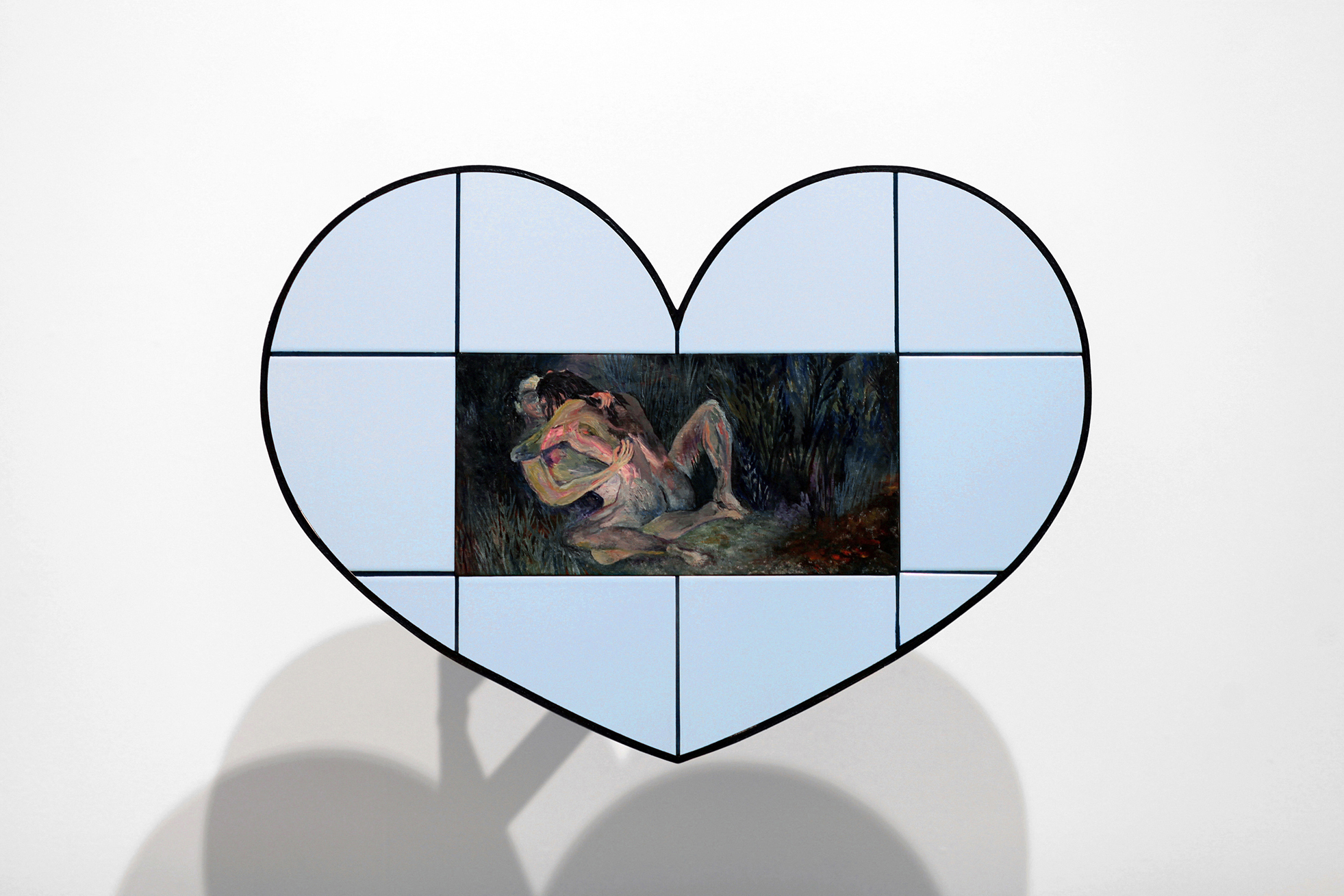 JACENT (Jade Fourès-Varnier & Vincent de Hoÿm), Coeur (Sous-bois), 2022, oil on canvas mounted on wood, eathenware tiles, seal, painted artist frame in oak wood, 44 × 58 cm