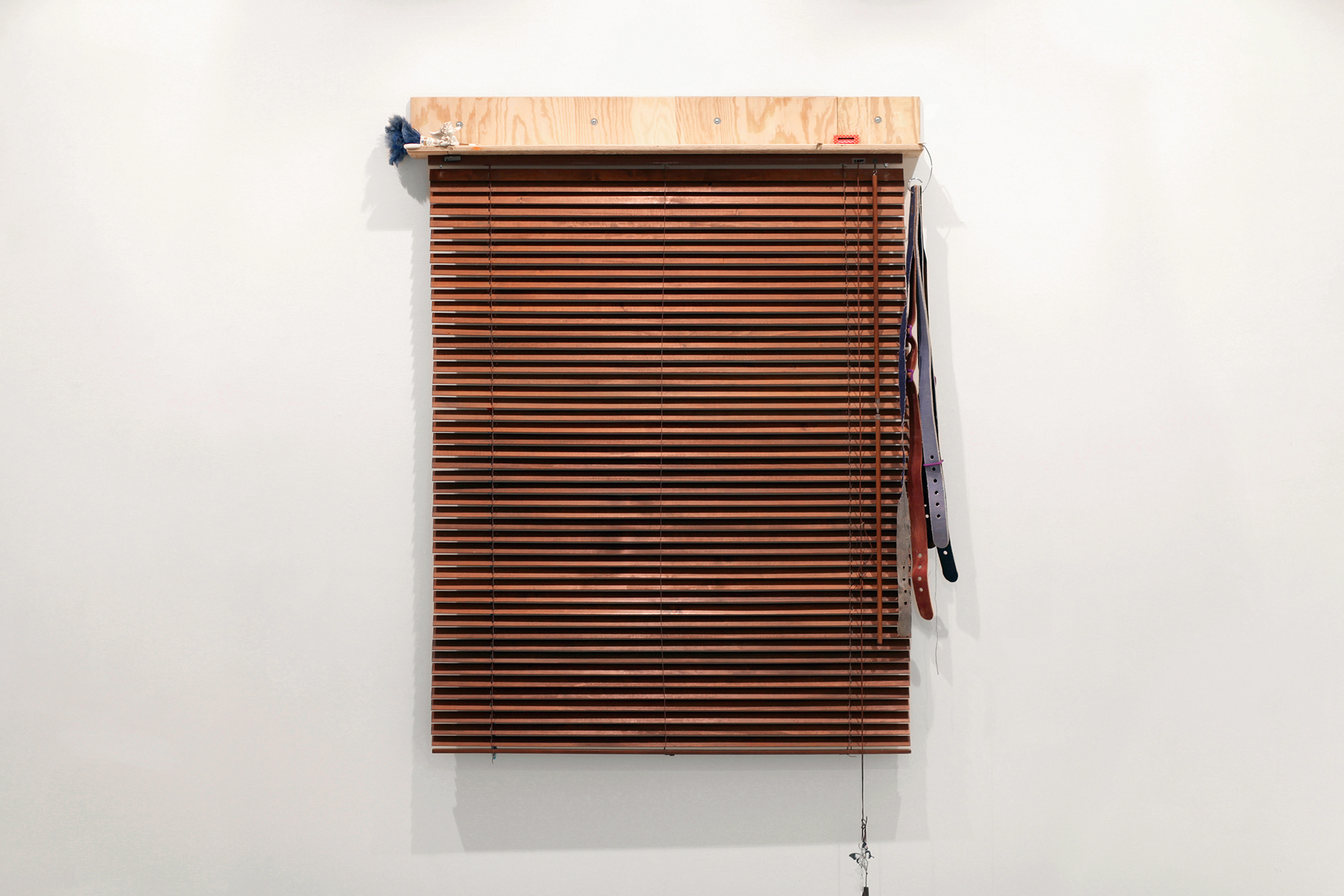 Jonas Morgenthaler, It’s A Fine Day, People Look Out Windows, 2022, pine wood, selfadhesive marble imitation foil, wooden blinds, found objects, 165 × 135 x 15 cm