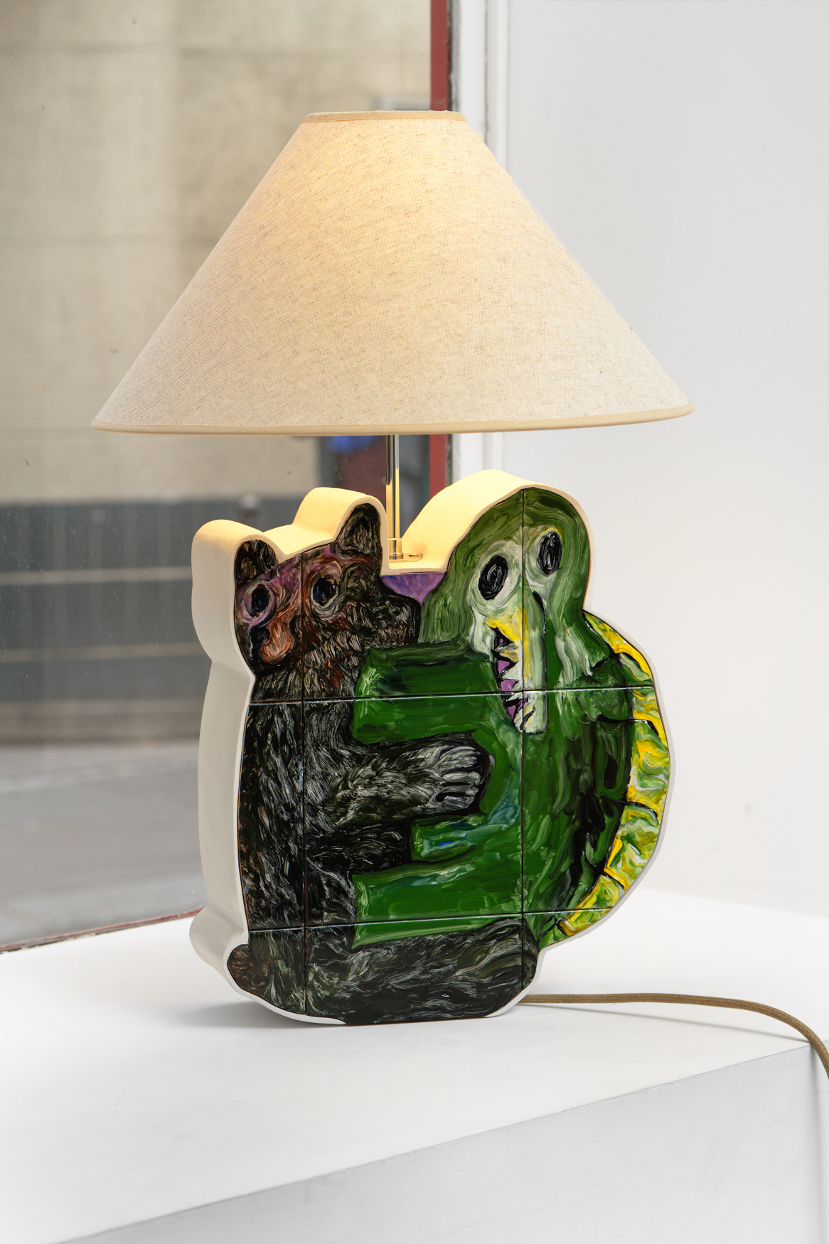 Jacent, How to Draw a Hug, 2023, painted earthenware tiles, plywood, lacquer, light system, seal, lampshade, 61 x 40 x 40 cm, unique