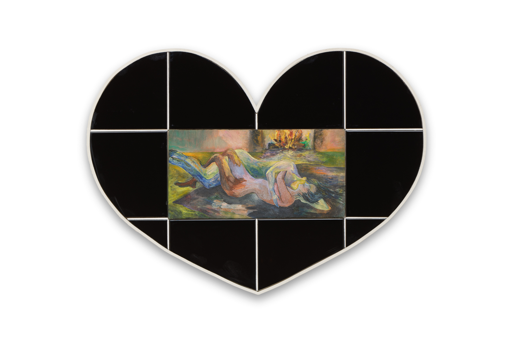 Jacent, Cœur (Belle-Île-en-Mer), 2023, oil on canvas mounted on wood, earthenware tiles, seal, painted artist frame in oak wood, 44 x 58 cm, unique